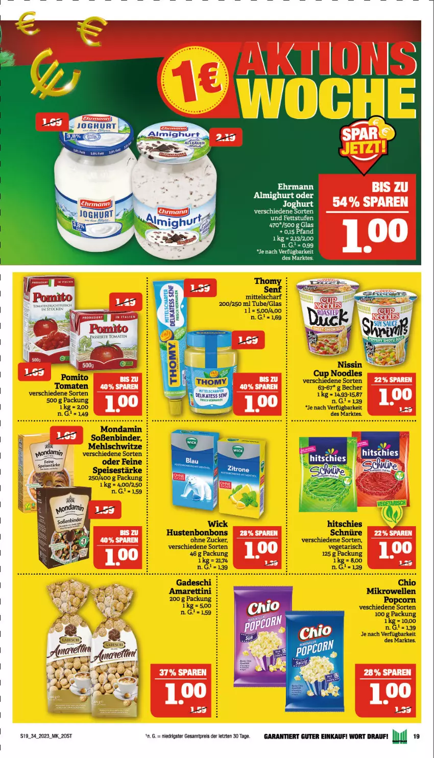 Aktueller Prospekt Marktkauf - Prospekt - von 20.08 bis 26.08.2023 - strona 19 - produkty: Bebe, Becher, bonbons, delikatess senf, eis, elle, fisch, Hustenbonbons, joghur, joghurt, mehl, mikrowelle, mondamin, pomito, popcorn, reis, rel, senf, Soße, tee, thomy, Ti, tomate, tomaten, Vegeta, WICK, ZTE, zucker