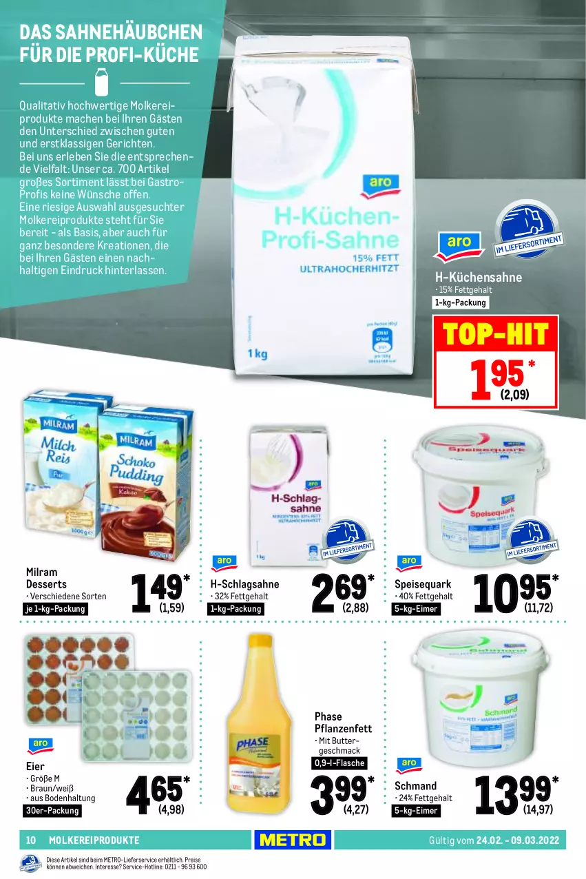 Aktueller Prospekt Metro - GastroJournal - von 24.02 bis 09.03.2022 - strona 10 - produkty: braun, butter, dessert, desserts, eier, eimer, eis, flasche, küche, Küchen, Küchensahne, lieferservice, mac, Metro, milram, molkereiprodukte, pflanze, pflanzen, Pflanzenfett, quark, reis, sahne, schlagsahne, schmand, speisequark, Ti