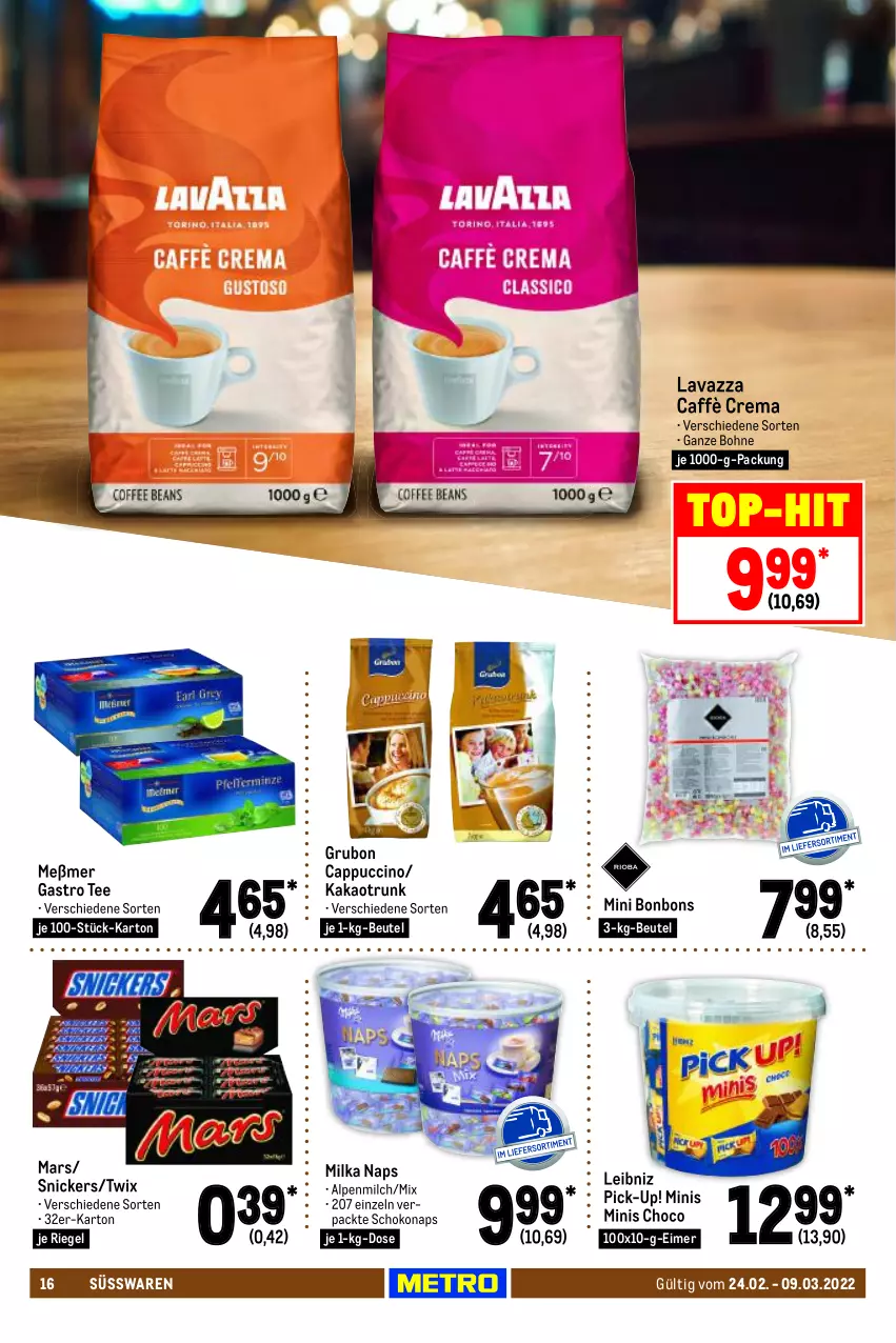 Aktueller Prospekt Metro - GastroJournal - von 24.02 bis 09.03.2022 - strona 16 - produkty: alpenmilch, beutel, bohne, bonbons, caffè crema, Cap, cappuccino, cin, eimer, kakao, lavazza, leibniz, mars, Meßmer, milch, milka, riegel, schoko, snickers, süsswaren, tee, Ti, top-hit, twix