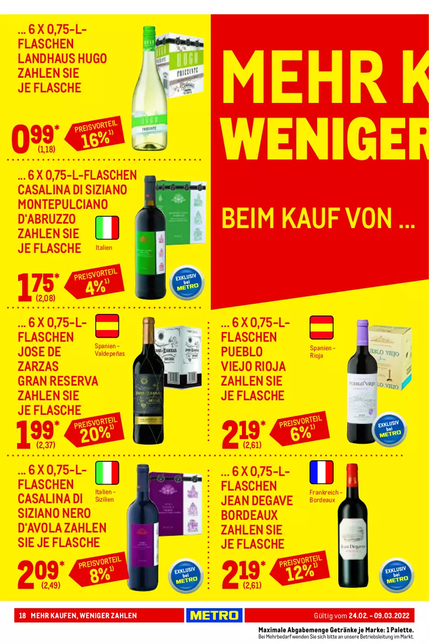 Aktueller Prospekt Metro - GastroJournal - von 24.02 bis 09.03.2022 - strona 18 - produkty: Casali, eis, flasche, getränk, getränke, hugo, monte, Montepulciano, nero, Palette, reis, rioja, Ti