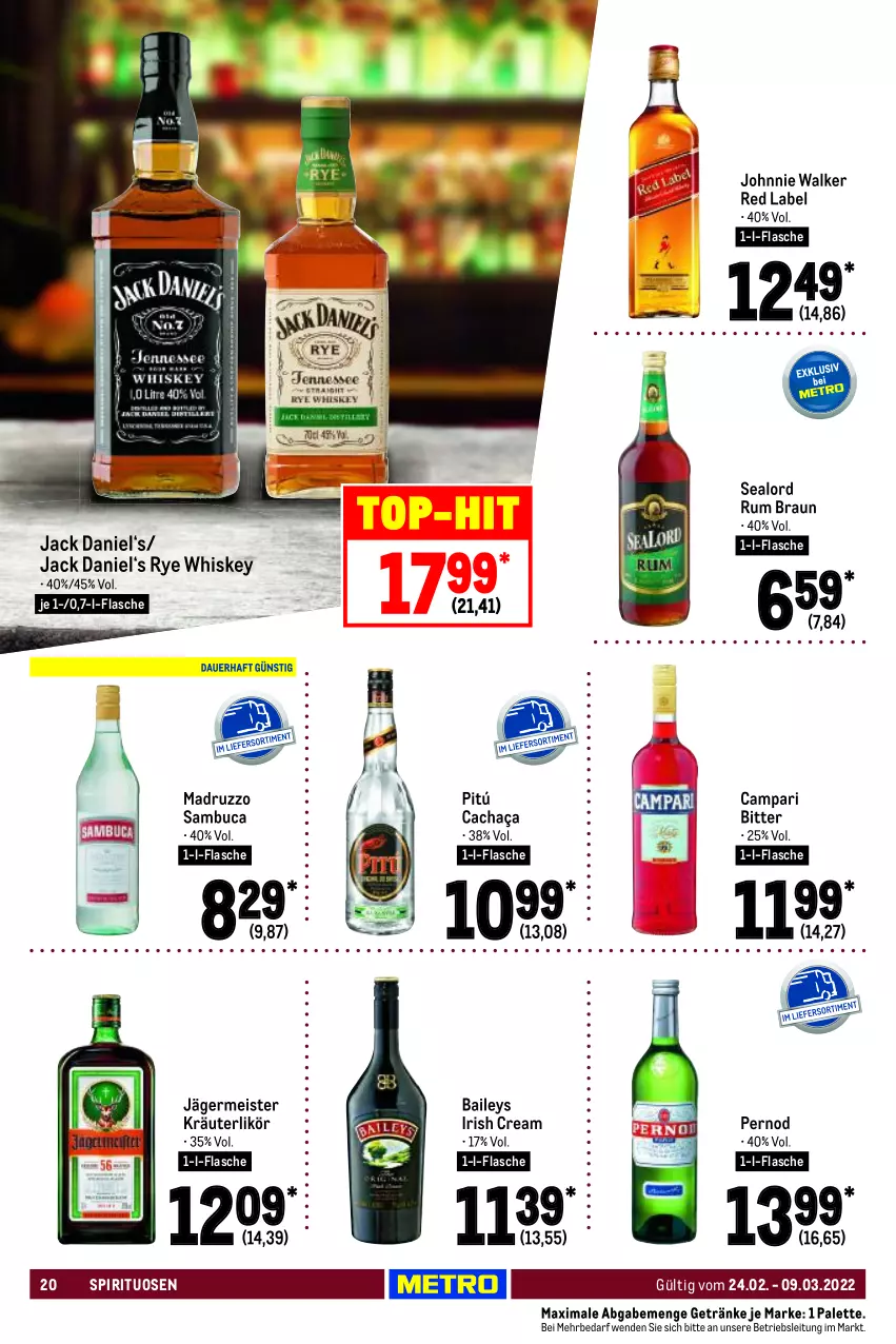 Aktueller Prospekt Metro - GastroJournal - von 24.02 bis 09.03.2022 - strona 20 - produkty: baileys, braun, cachaça, campari, eis, flasche, Germ, getränk, getränke, irish cream, jack daniel, jägermeister, johnnie walker, kräuter, kräuterlikör, likör, Meister, Palette, rum, sambuca, spirituosen, Ti, top-hit, whiskey