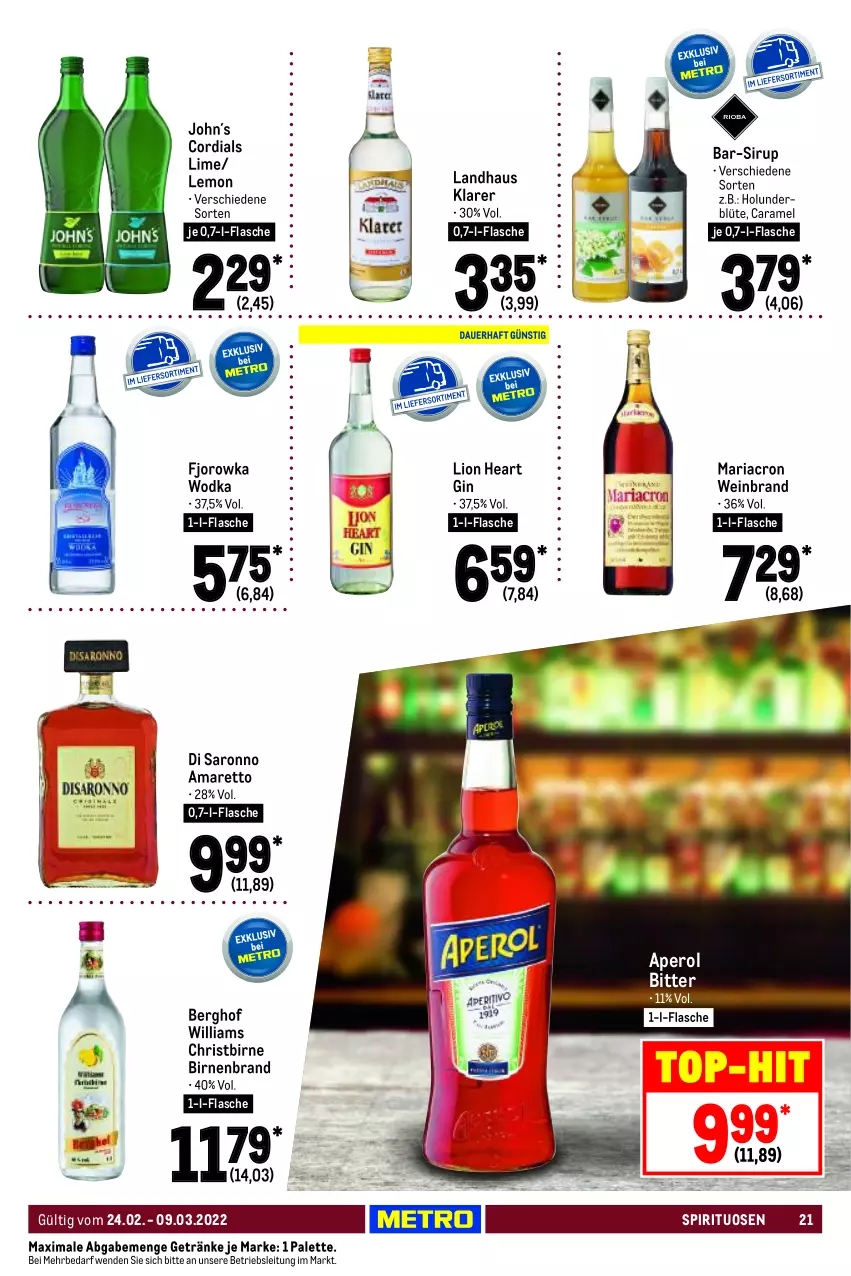 Aktueller Prospekt Metro - GastroJournal - von 24.02 bis 09.03.2022 - strona 21 - produkty: Amaretto, aperol, Birnen, Blüte, caramel, flasche, getränk, getränke, gin, holunder, holunderblüte, lion, mariacron, Palette, Ria, saro, sirup, spirituosen, Ti, top-hit, wein, weinbrand, wodka