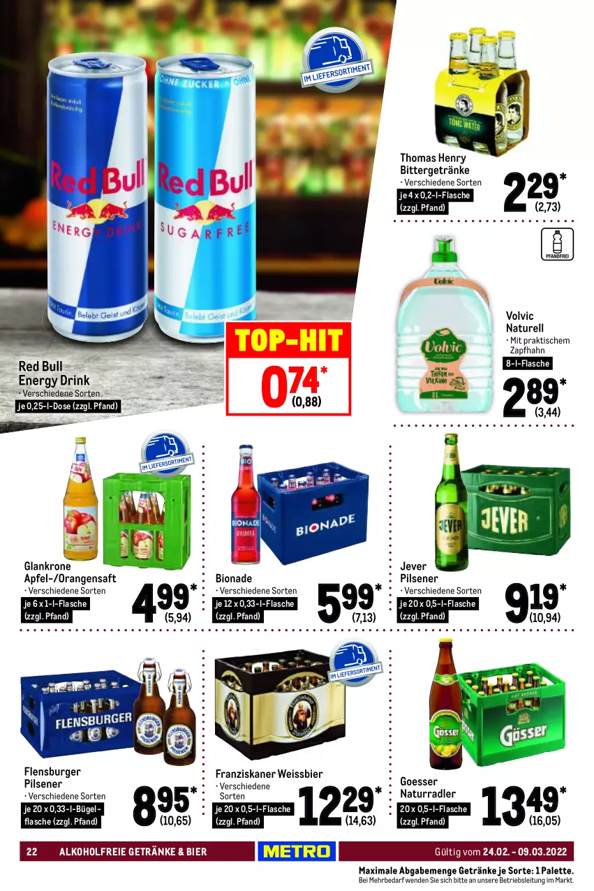 Aktueller Prospekt Metro - GastroJournal - von 24.02 bis 09.03.2022 - strona 22 - produkty: alkohol, alkoholfreie getränke, apfel, bier, bio, bionade, bügel, bügelflasche, burger, drink, eis, energy drink, flasche, flensburger, franziskaner, getränk, getränke, jever, jever pilsener, krone, natur, orange, orangen, orangensaft, Palette, pils, pilsener, radler, red bull, rel, saft, thomas henry, Ti, tisch, top-hit, volvic, weissbier