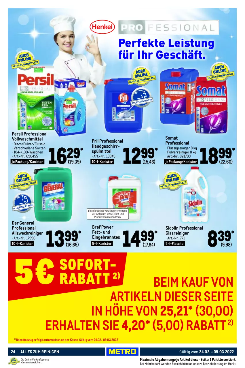 Aktueller Prospekt Metro - GastroJournal - von 24.02 bis 09.03.2022 - strona 24 - produkty: allzweckreiniger, auto, Bref, bref power, eis, flasche, geschirr, geschirrspülmittel, Glasreiniger, LG, Palette, persil, pril, reiniger, sidolin, sofortrabatt, somat, spülmittel, Ti, tisch, vollwaschmittel, waschmittel, weck