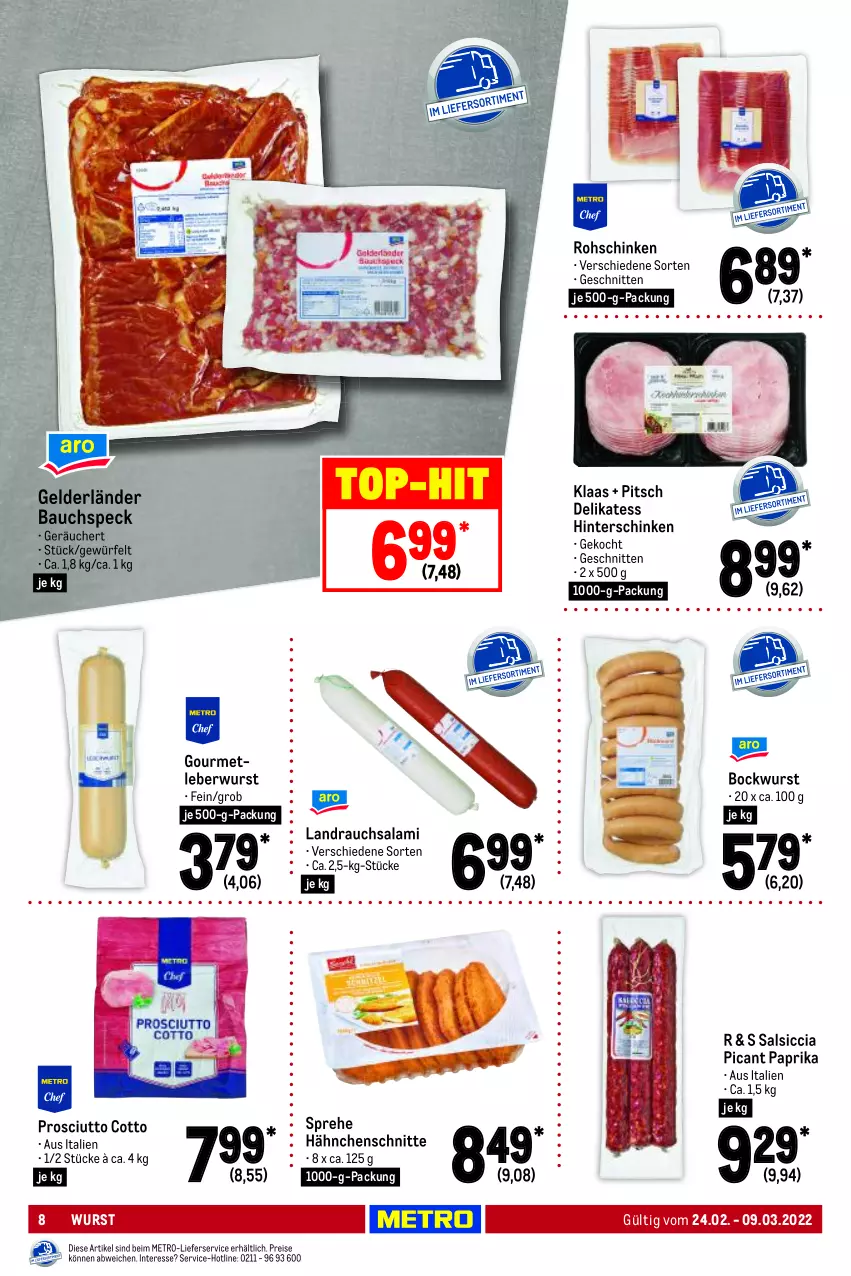 Aktueller Prospekt Metro - GastroJournal - von 24.02 bis 09.03.2022 - strona 8 - produkty: Bau, bockwurst, eis, hinterschinken, leberwurst, lieferservice, Metro, paprika, prosciutto, prosciutto cotto, Rauch, reis, rohschinken, salami, salsiccia, schinken, schnitten, Speck, Ti, würfel, wurst