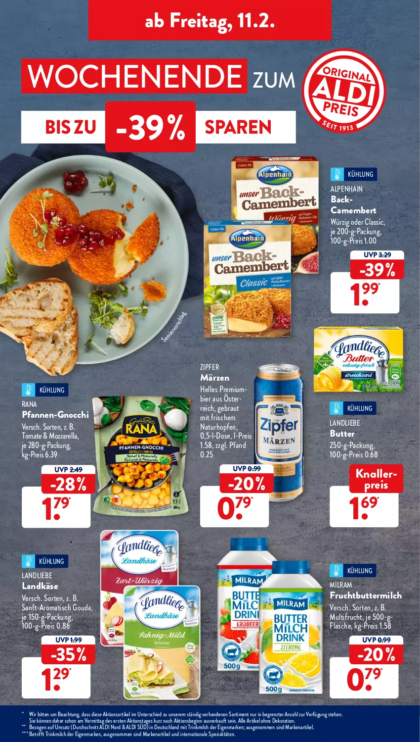 Aktueller Prospekt AldiSud - ALDI Aktuell - von 07.02 bis 12.02.2022 - strona 35 - produkty: aldi, alle artikel ohne dekoration, Alpenhain, bier, butter, buttermilch, camembert, dekoration, eis, elle, flasche, frucht, gin, gnocchi, gouda, Käse, knallerpreis, landkäse, landliebe, milch, milram, mozzarella, natur, ndk, pfanne, pfannen, Premiumbier, Rana, reis, rel, Spezi, Ti, tisch, tomate, Zipfer, ZTE