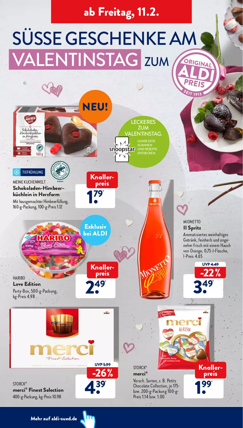 Aktueller Prospekt AldiSud - ALDI Aktuell - von 07.02 bis 12.02.2022 - strona 38 - produkty: aldi, bier, cola, decke, eis, flasche, getränk, haribo, himbeer, knallerpreis, kuchen, mac, merci, mionetto, orange, reis, rezept, rezepte, schoko, schokolade, schokoladen, storck, Ti, wein