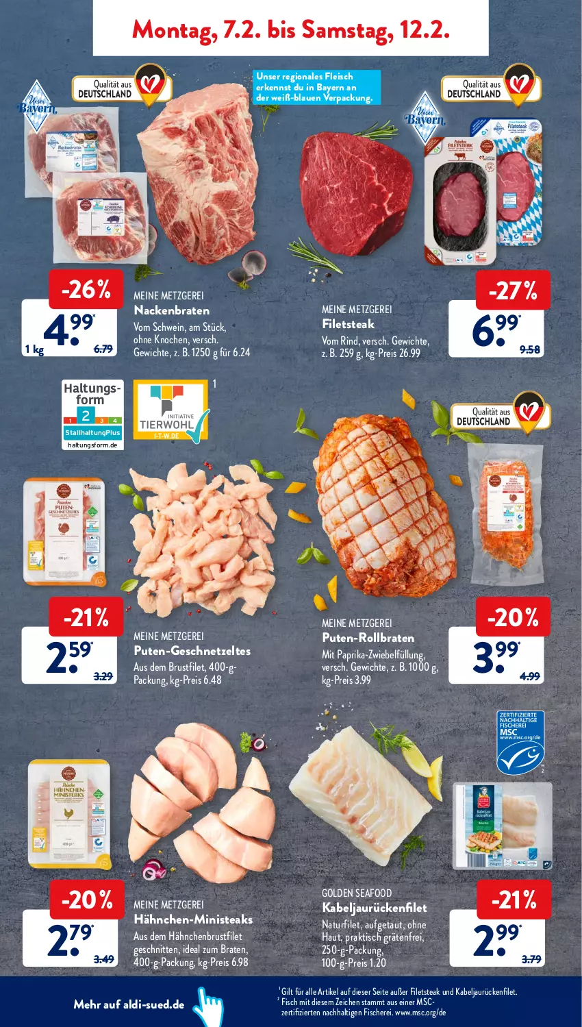 Aktueller Prospekt AldiSud - ALDI Aktuell - von 07.02 bis 12.02.2022 - strona 4 - produkty: aldi, braten, brustfilet, eis, filet, filets, fisch, fische, Fischer, fleisch, geschnetzeltes, hähnchenbrust, hähnchenbrustfilet, ideal zum braten, mit paprika, natur, paprika, pute, reis, rind, rollbraten, Schere, schnitten, schwein, steak, steaks, Ti, tisch, wein, Zelt, zwiebel