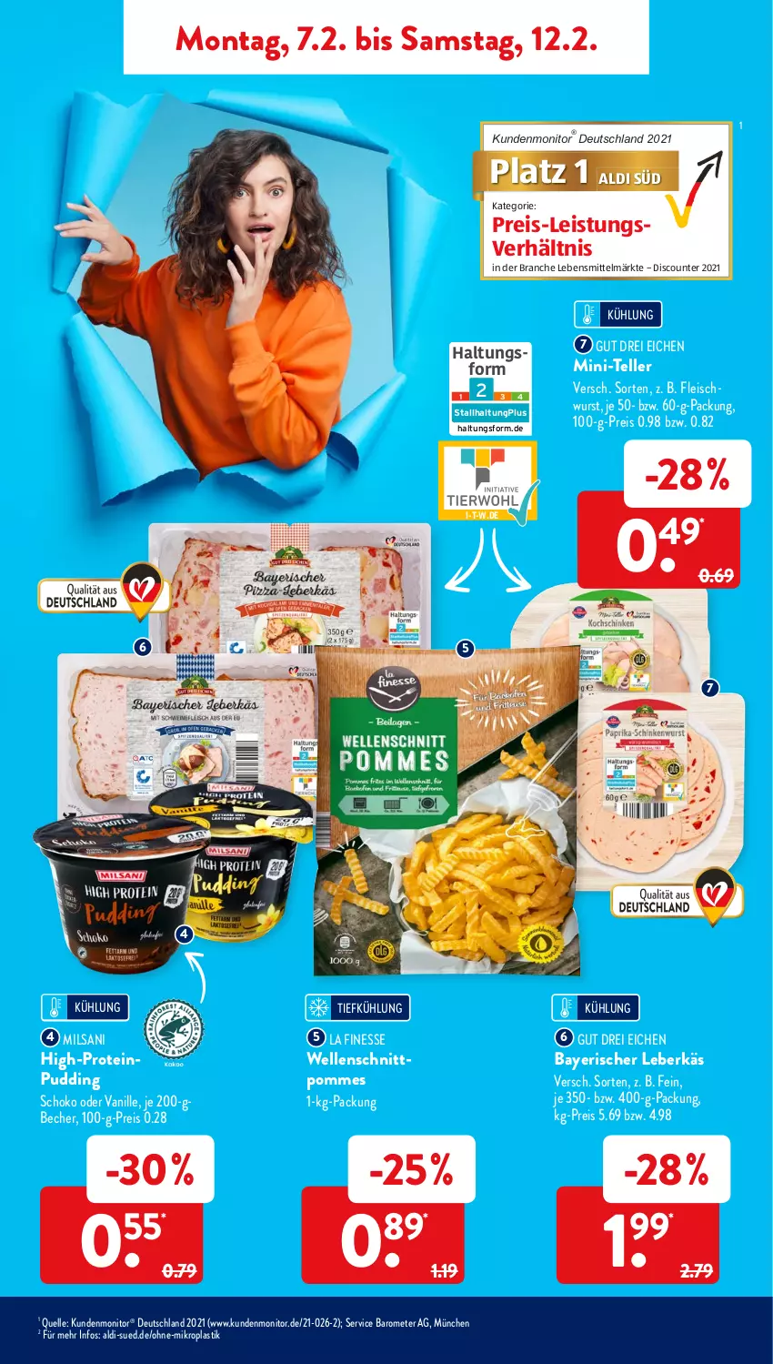 Aktueller Prospekt AldiSud - ALDI Aktuell - von 07.02 bis 12.02.2022 - strona 9 - produkty: aldi, asti, Becher, discount, eis, elle, finesse, fleisch, fleischwurst, lebensmittel, leberkäs, monitor, pommes, pudding, reis, schoko, teller, Ti, vanille, wurst