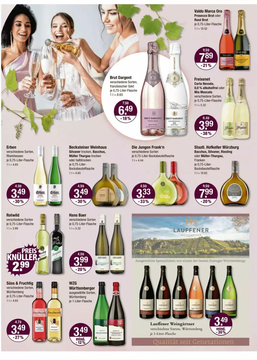 Aktueller Prospekt Vmarkt - Prospekte - von 07.03 bis 13.03.2024 - strona 2 - produkty: ACC, alkohol, becks, becksteiner, Berger, beutel, brut, brut dargent, ecco, elle, flasche, frucht, je 1-liter-flasche, Müller, Müller-Thurgau, prosecco, riesling, sekt, silvaner, steiner, Ti, valdo, wein, Wild