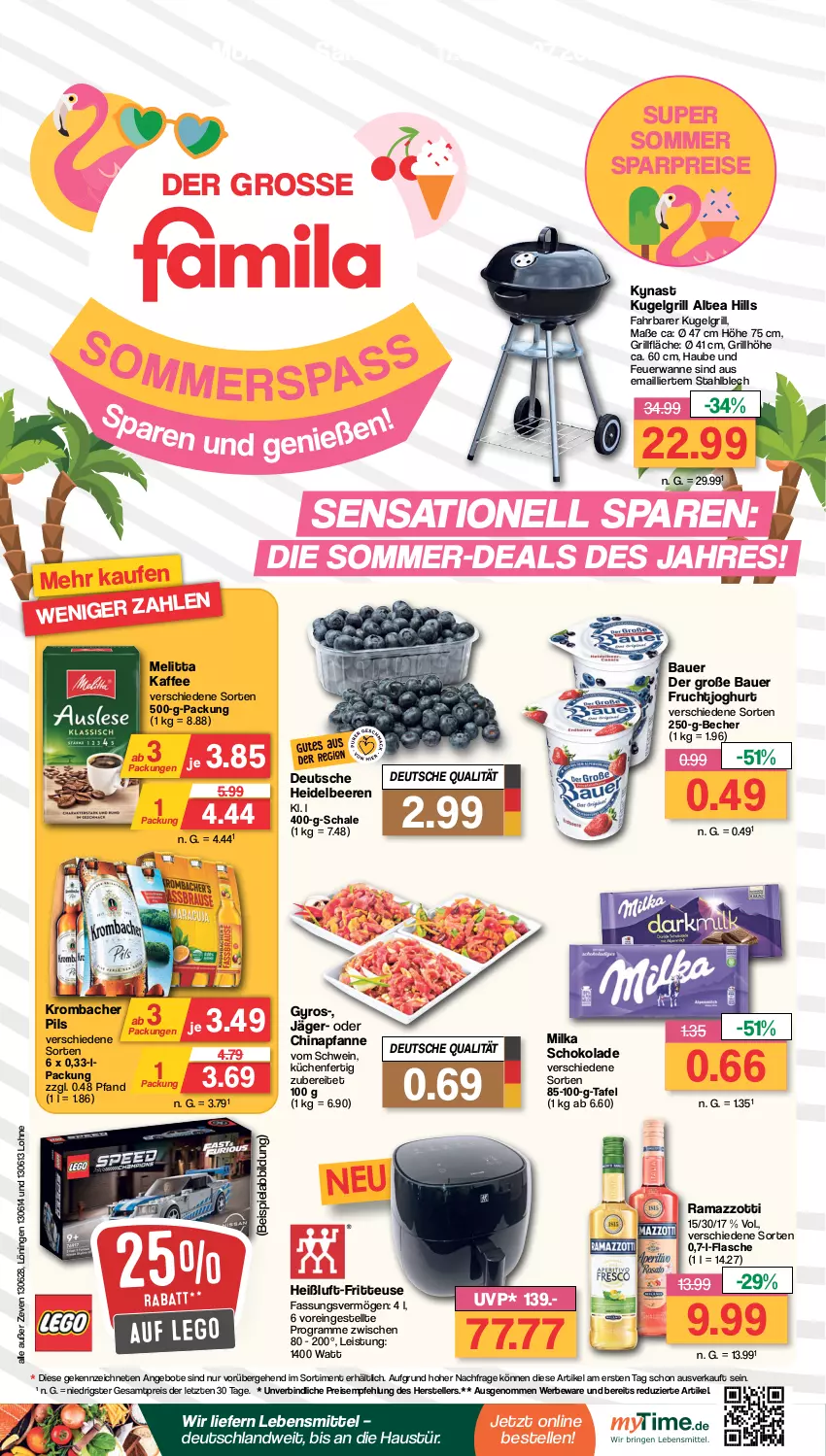 Aktueller Prospekt Famila - Prospekte - von 17.07 bis 22.07.2023 - strona 1 - produkty: angebot, angebote, auer, aust, Bau, Bauer, Becher, beere, beeren, beispielabbildung, eis, elle, flasche, fritteuse, frucht, fruchtjoghurt, grill, grillfläche, gyros, heidelbeere, heidelbeeren, joghur, joghurt, kaffee, krombache, krombacher, küche, Küchen, Kugel, kugelgrill, lebensmittel, LG, melitta, milka, milka schokolade, pfanne, pils, rama, ramazzott, ramazzotti, reis, Schal, Schale, schoko, schokolade, schwein, teller, Ti, Wanne, wein, zott, ZTE