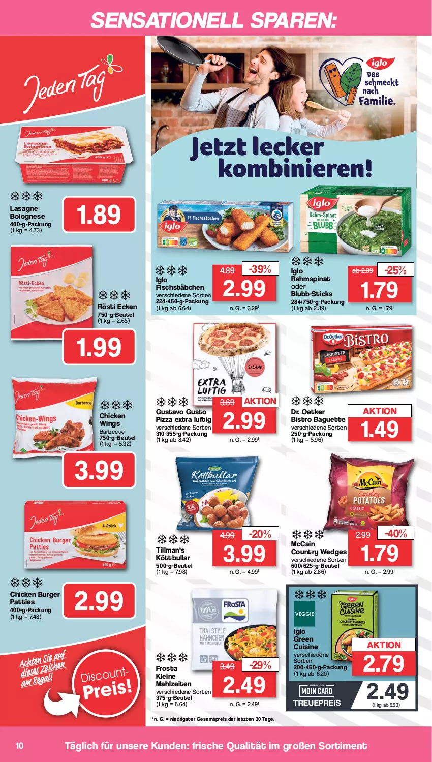 Aktueller Prospekt Famila - Prospekte - von 17.07 bis 22.07.2023 - strona 10 - produkty: baguette, barbecue, beutel, Bistro Baguette, bolognese, burger, chicken wings, Dr. Oetker, eis, fisch, fischstäbchen, frosta, iglo, Köttbullar, lasagne, leine, mccain, pizza, reis, spinat, Ti, wedges, ZTE