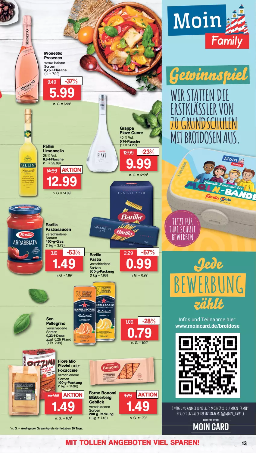 Aktueller Prospekt Famila - Prospekte - von 17.07 bis 22.07.2023 - strona 13 - produkty: ACC, angebot, angebote, barilla, blätterteig, brot, Brotdose, cin, ecco, eis, elle, flasche, gewinnspiel, grappa, limo, mionetto, pasta, prosecco, reis, san pellegrino, sauce, saucen, Ti, ZTE