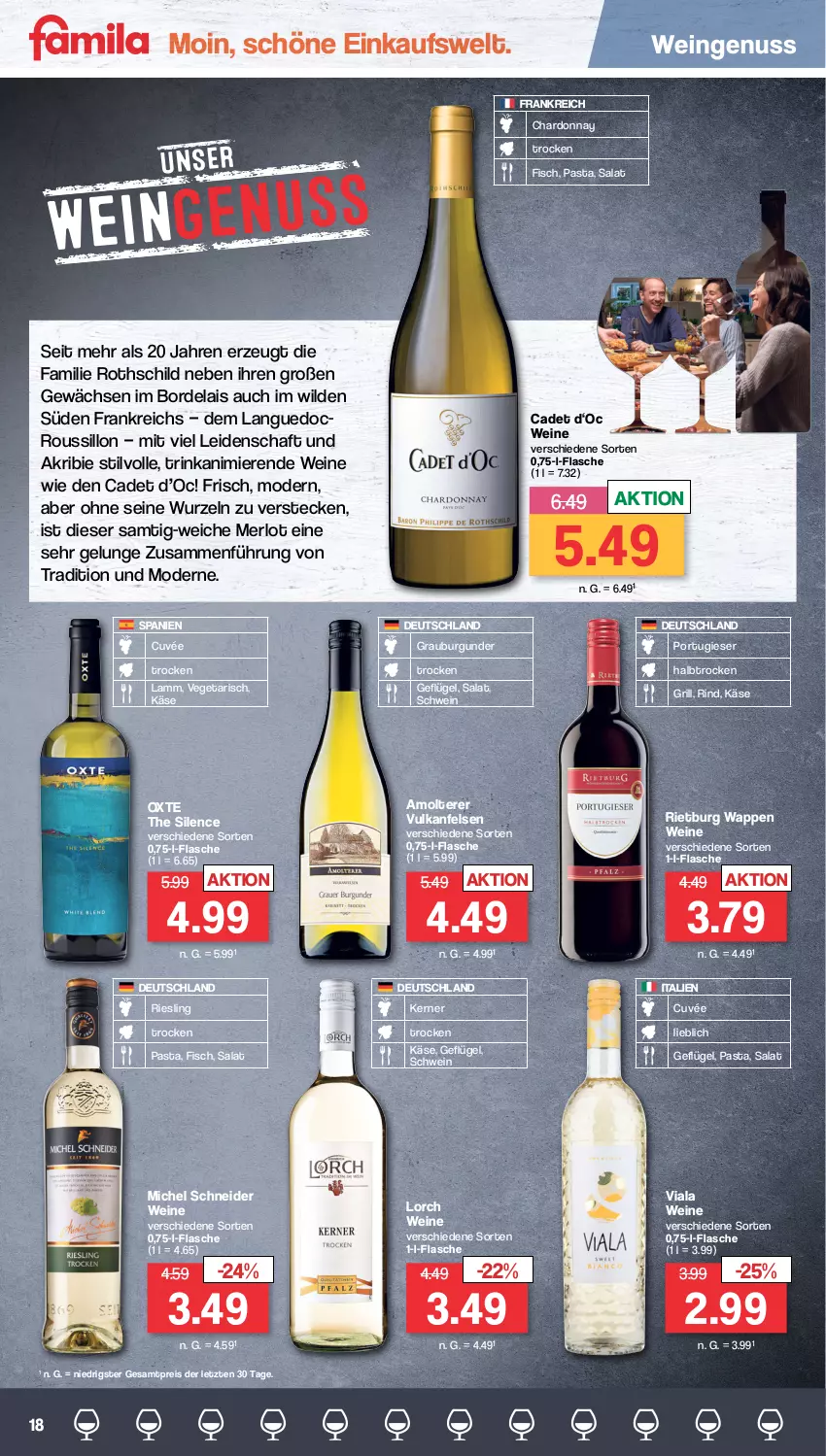 Aktueller Prospekt Famila - Prospekte - von 17.07 bis 22.07.2023 - strona 18 - produkty: burgunder, chardonnay, cuvée, eis, fisch, flasche, Geflügel, grauburgunder, grill, Käse, lamm, merl, merlot, Michel Schneider, Mode, nuss, pasta, reis, riesling, rind, salat, schwein, Ti, Vegeta, wein, weine, Wild, ZTE