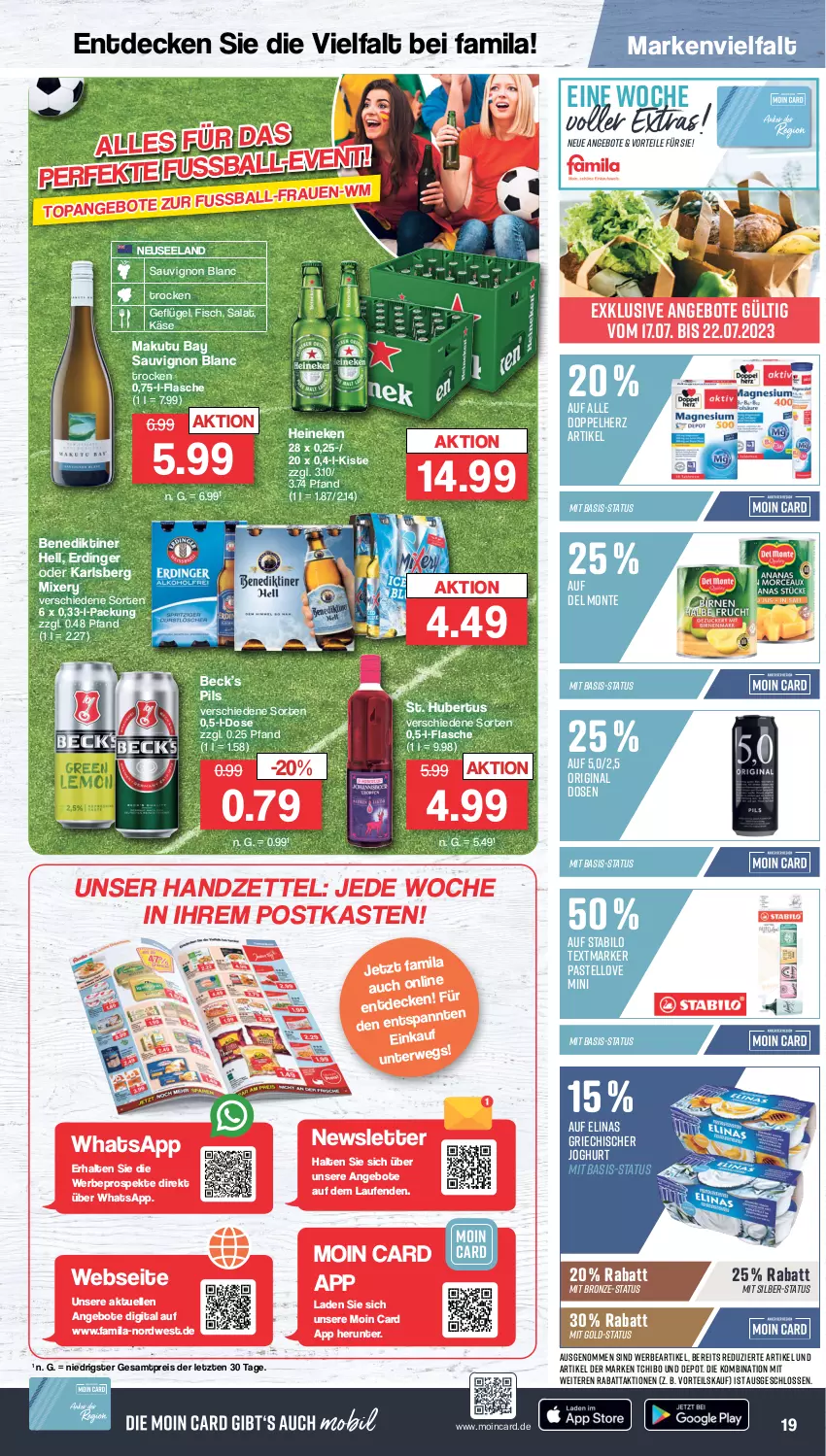 Aktueller Prospekt Famila - Prospekte - von 17.07 bis 22.07.2023 - strona 19 - produkty: angebot, angebote, ball, Benediktiner, decke, doppelherz, eis, Elan, elinas, elle, erdinger, fisch, flasche, Geflügel, gin, Griechischer Joghurt, heineken, joghur, joghurt, karlsberg, karlsberg mixery, Käse, Laufen, Mixer, mixery, monte, pils, reis, rwe, salat, sauvignon, sauvignon blanc, stabilo, Tchibo, textmarker, Ti, ZTE