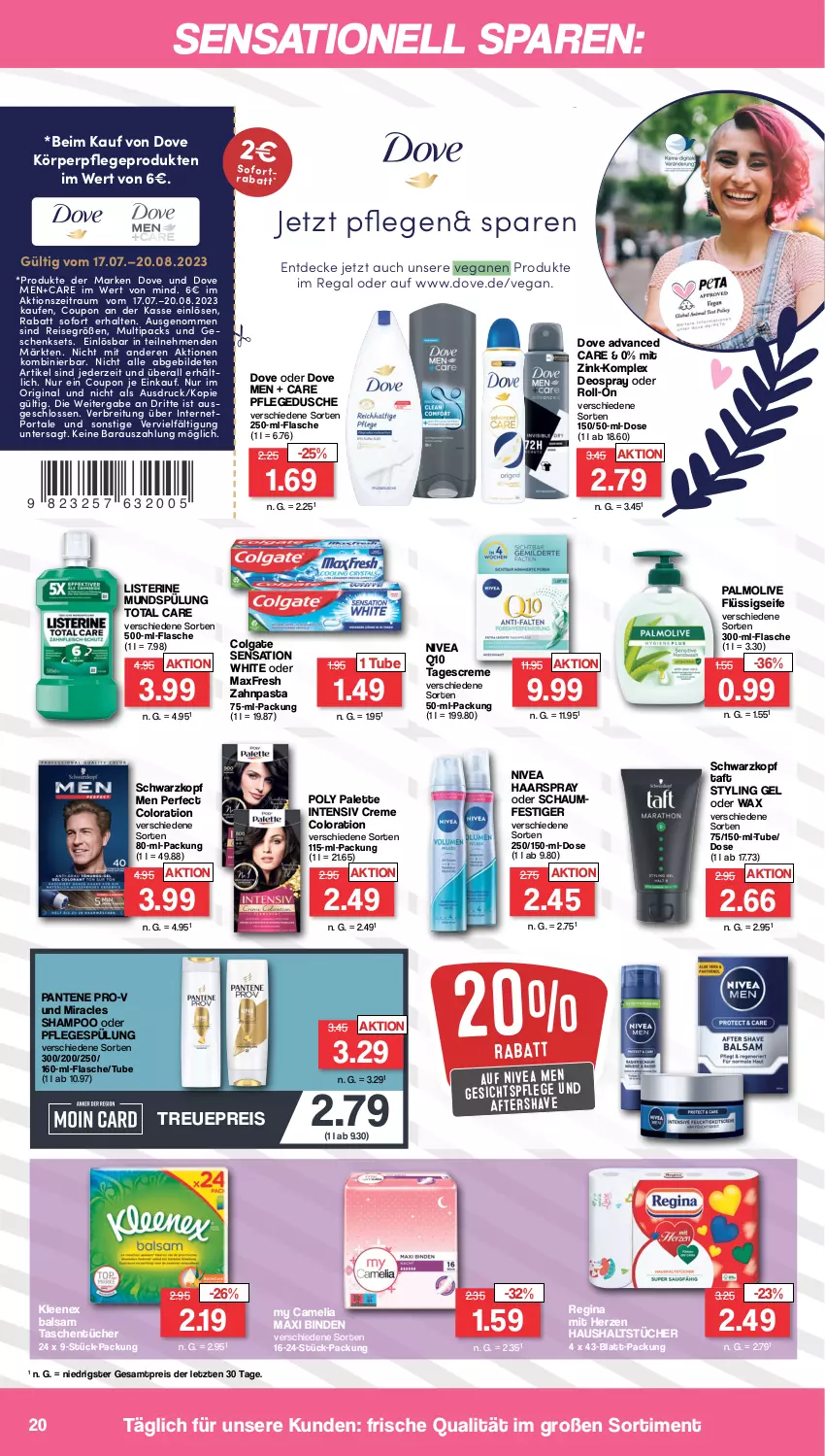 Aktueller Prospekt Famila - Prospekte - von 17.07 bis 22.07.2023 - strona 20 - produkty: balsam, binden, Brei, camelia, colgate, coupon, creme, decke, deo, deospray, dove, dusche, eis, flasche, flüssigseife, geschenkset, gesichtspflege, gin, haarspray, haushaltstücher, körperpflege, LG, listerine, mundspülung, nivea, Nivea Men, oder schaumfestiger, olive, Palette, palmolive, pantene, pantene pro-v, pasta, pflegedusche, pro-v, Q10, regal, reis, roll-on, schaumfestiger, schwarzkop, schwarzkopf, Seife, shampoo, spülung, Styling Gel, Taft, tagescreme, Tasche, taschen, taschentücher, Ti, total care, tücher, zahnpasta, ZTE