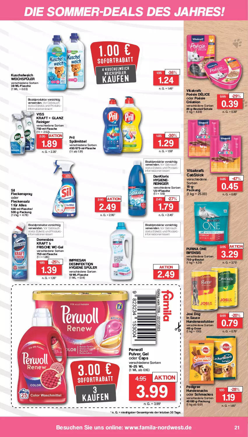 Aktueller Prospekt Famila - Prospekte - von 17.07 bis 22.07.2023 - strona 21 - produkty: beutel, bio, biozidprodukte, Cap, danklorix, Desinfektion, domestos, eis, flasche, hundesnack, hundesnacks, kraft, Kuschelweich, mac, nassfutter, pedigree, perwoll, pril, purina, Rauch, reiniger, reis, resa, rwe, salz, sauce, Schal, Schale, snack, snacks, sofortrabatt, spülmittel, Ti, vita, vitakraft, wc-gel, weichspüler, ZTE