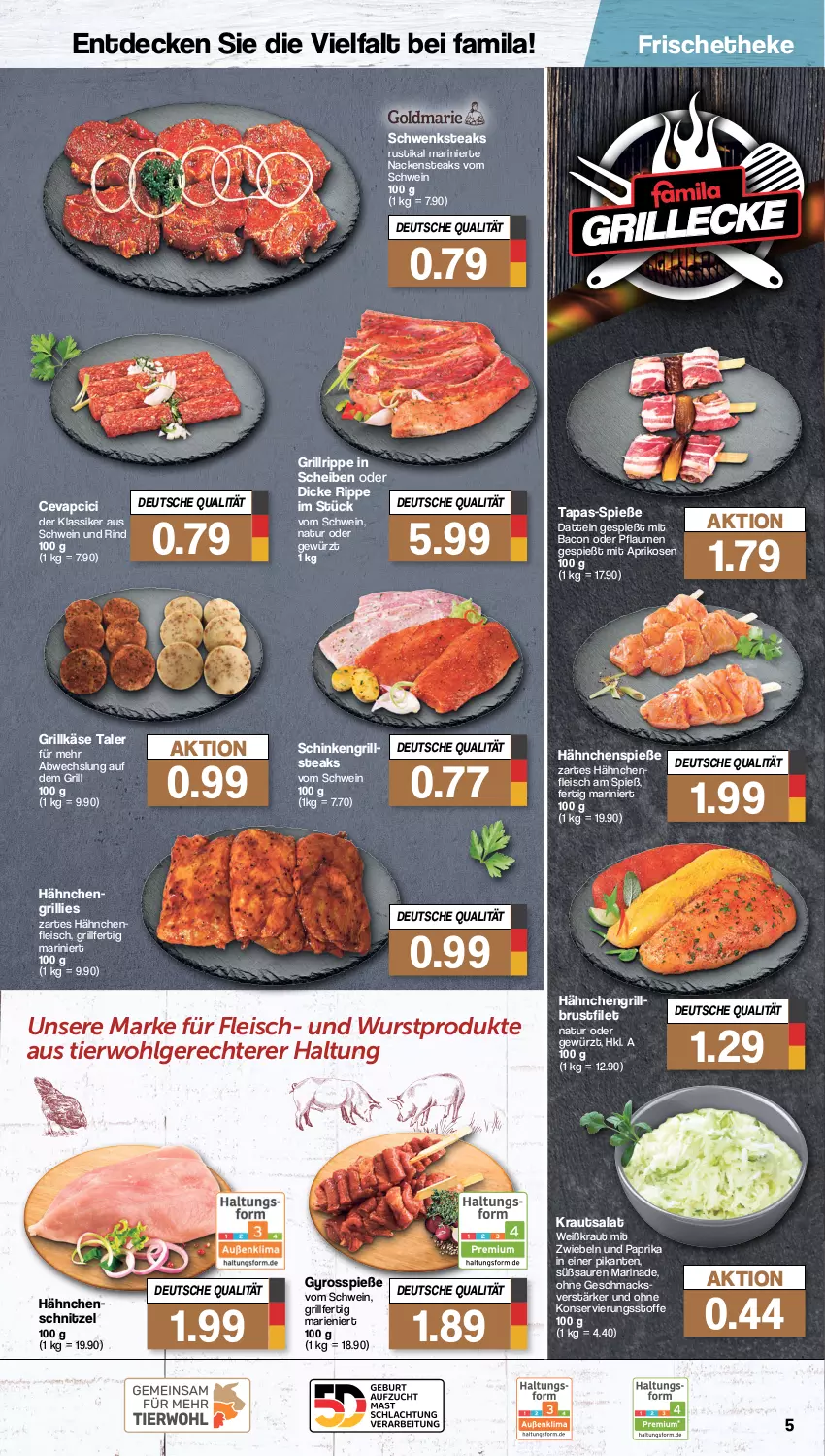 Aktueller Prospekt Famila - Prospekte - von 17.07 bis 22.07.2023 - strona 5 - produkty: aprikose, aprikosen, bacon, brustfilet, cevapcici, Datteln, decke, eis, filet, fleisch, gewürz, grill, Grillkäse, grillrippe, gyros, Hähnchenfleisch, Hähnchenschnitzel, Käse, Kraut, krautsalat, LG, mac, marinade, mit zwiebeln, Nackensteak, nackensteaks, natur, paprika, pflaume, pflaumen, rind, salat, schinken, schnitzel, schwein, schwein und rind, steak, steaks, Tapas, Ti, wein, wurst, zwiebel, zwiebeln