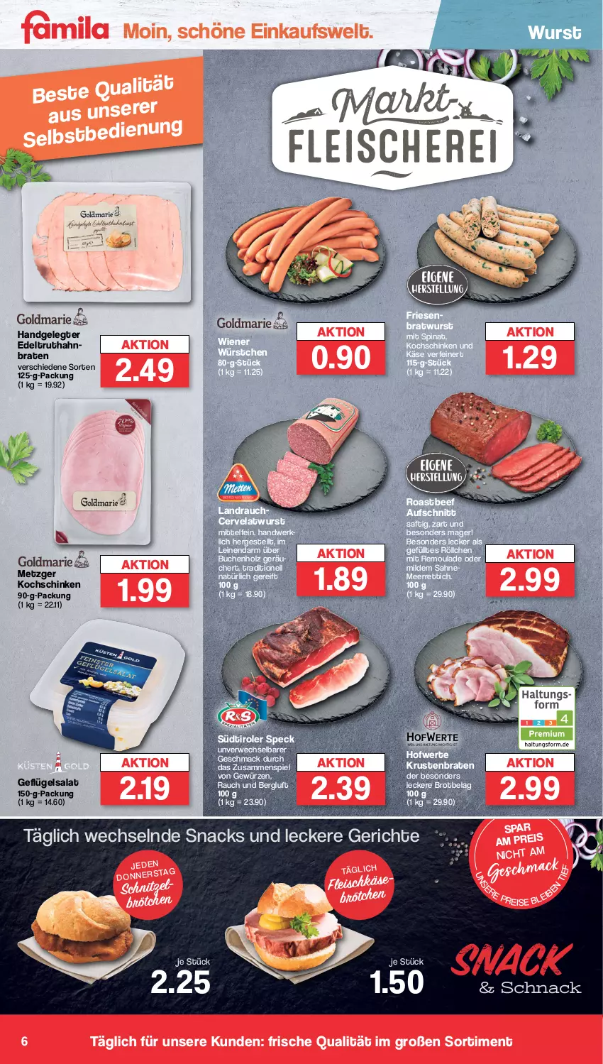 Aktueller Prospekt Famila - Prospekte - von 17.07 bis 22.07.2023 - strona 6 - produkty: aufschnitt, beef, braten, bratwurst, brot, brötchen, buch, eis, fleisch, Geflügel, geflügelsalat, gewürz, Holz, Käse, kochschinken, krustenbraten, leine, mac, meerrettich, Rauch, reis, remoulade, Rettich, roastbeef, rwe, sac, saft, sahne, salat, schinken, schnitzel, snack, snacks, Speck, spinat, südtiroler, tesa, Ti, truthahn, wiener, wiener würstchen, wurst, würstchen