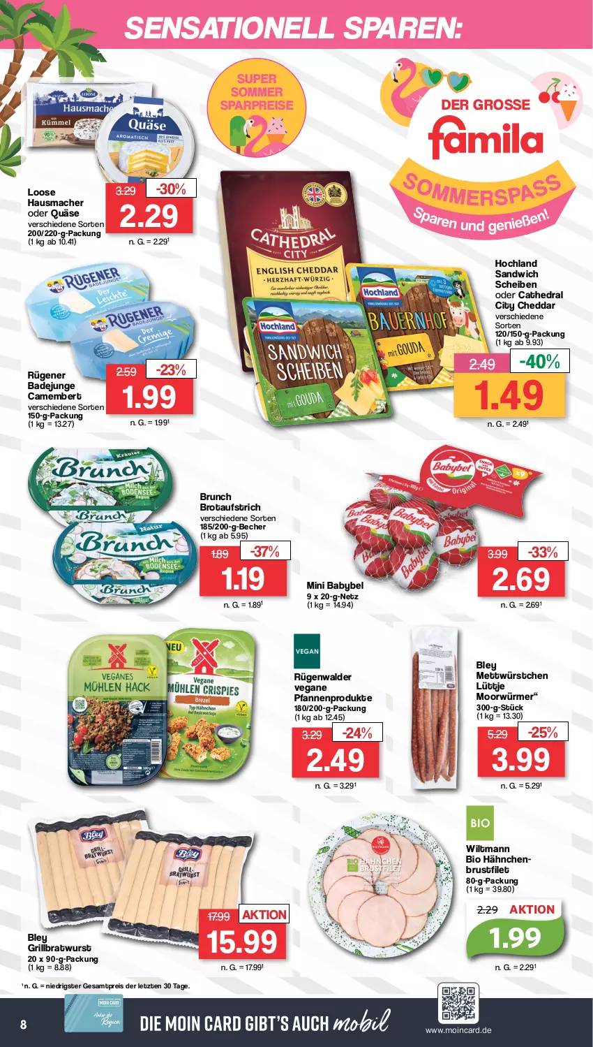 Aktueller Prospekt Famila - Prospekte - von 17.07 bis 22.07.2023 - strona 8 - produkty: aufstrich, babybel, Bad, Becher, bio, bley, bratwurst, brot, brotaufstrich, brustfilet, camembert, cheddar, eis, filet, grill, grillbratwurst, Hausmacher, hochland, Loose, mac, Mett, mini babybel, pfanne, pfannen, quäse, reis, Rügener, rügener badejunge, rügenwalder, sandwich, Ti, wiltmann, wurst, würstchen, ZTE