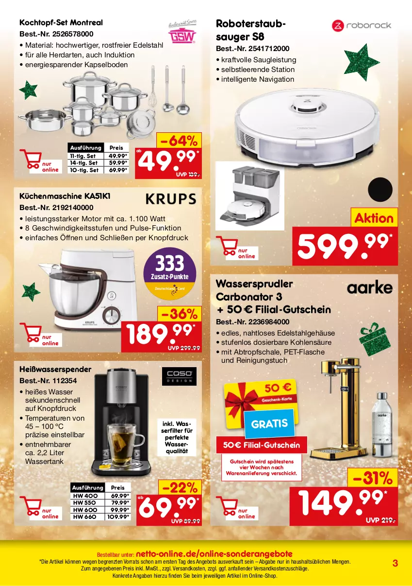 Aktueller Prospekt Netto Marken-Discount - Online-SonderangeboteGeschenke - von 26.10 bis 31.12.2023 - strona 3 - produkty: angebot, angebote, Bona, edelstahl, eier, eis, ente, flasche, gutschein, herdarten, Intel, Kochtopf, kraft, küche, Küchen, küchenmaschine, LG, ndk, pet-flasche, Reinigung, reis, Ria, roboterstaubsauger, Schal, Schale, staubsauger, Ti, topf, topf-set, tuc, wasser, wasserfilter, wassersprudler, wassertank, ZTE