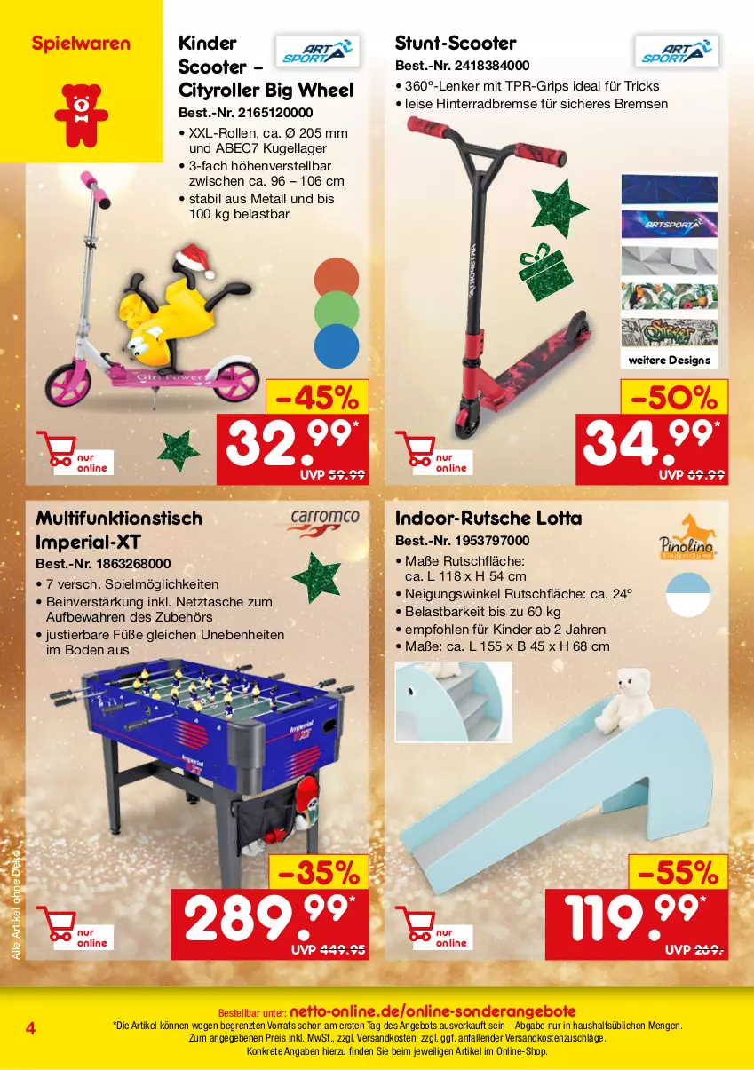 Aktueller Prospekt Netto Marken-Discount - Online-SonderangeboteGeschenke - von 26.10 bis 31.12.2023 - strona 4 - produkty: angebot, angebote, eis, gsw, Kinder, Kugel, ndk, reis, Ria, Roller, scooter, spielwaren, Stier, Tasche, Ti, tisch, ZTE