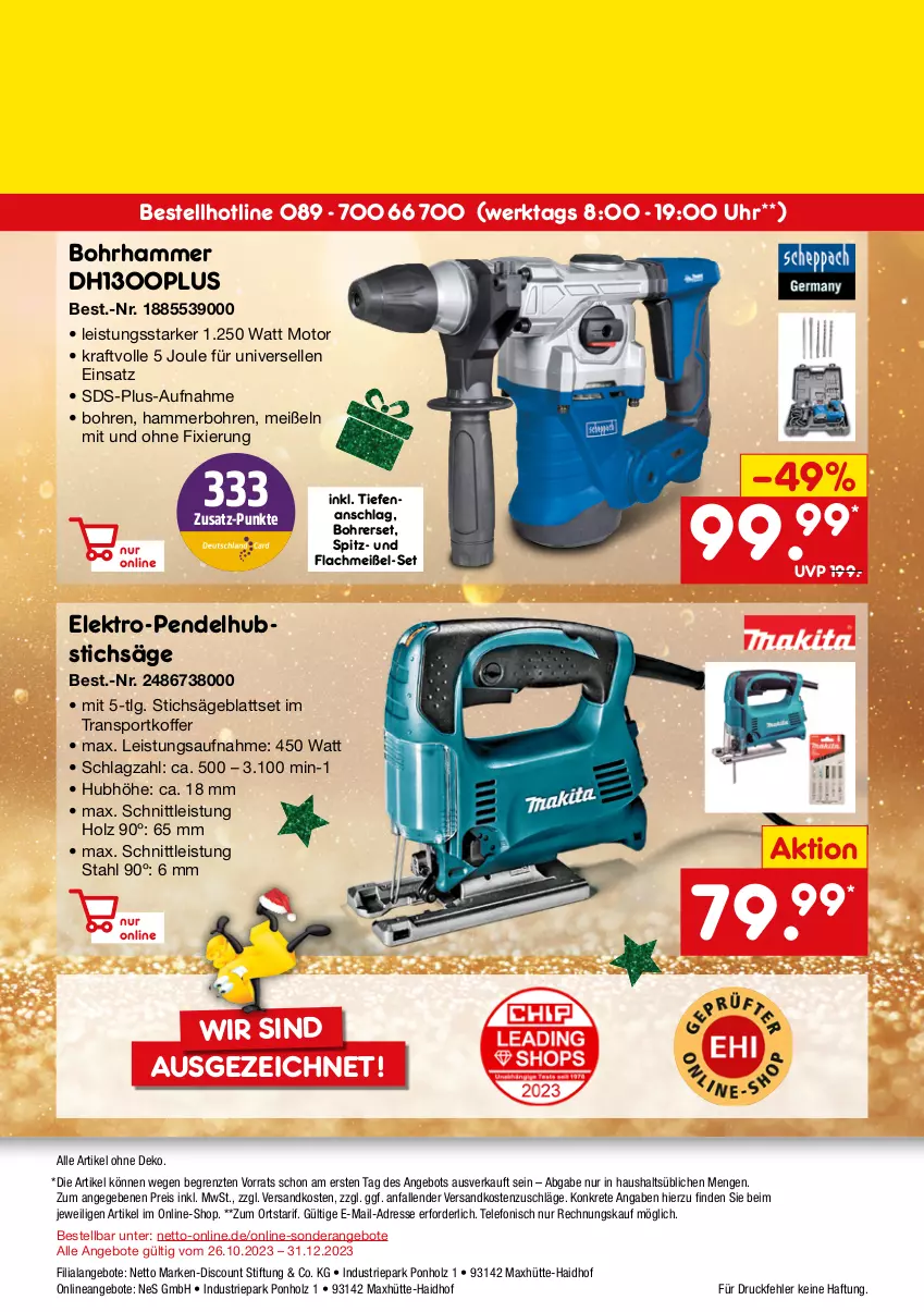 Aktueller Prospekt Netto Marken-Discount - Online-SonderangeboteGeschenke - von 26.10 bis 31.12.2023 - strona 8 - produkty: angebot, angebote, Bohrerset, Bohrhammer, discount, eis, Elektro, elle, Holz, koffer, kracher, kraft, LG, marken-discount, ndk, reis, säge, Sport, stichsäge, telefon, Ti, uhr, ZTE