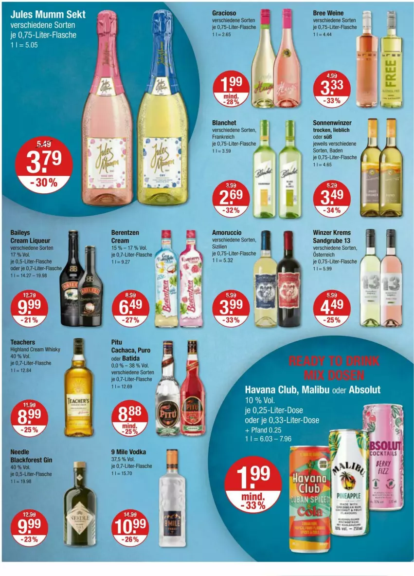 Aktueller Prospekt Vmarkt - Prospekte - von 16.05 bis 22.05.2024 - strona 10 - produkty: Bad, bree, Cachaca, flasche, gin, gracioso, Havana Club, jules mumm, lack, liqueur, Malibu, mumm, sekt, ssd, vodka, wein, weine, whisky