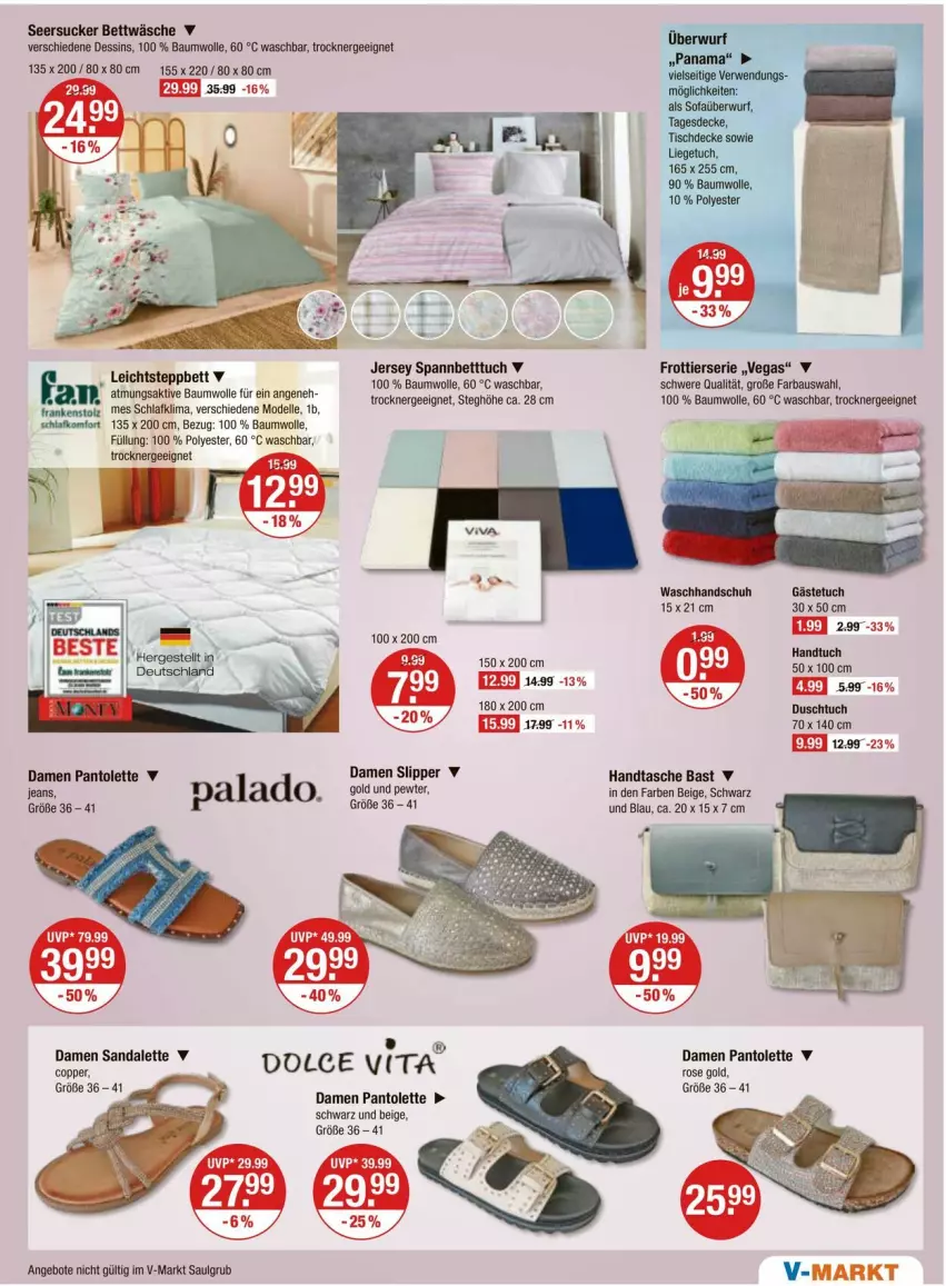 Aktueller Prospekt Vmarkt - Prospekte - von 16.05 bis 22.05.2024 - strona 15 - produkty: angebot, angebote, Bau, baumwolle, bett, Betttuch, bettwäsche, dell, elle, Ergee, gästetuch, Handtasche, handtuch, LG, Mode, pantolette, sandale, seersucker, seersucker bettwäsche, slip, Slipper, spannbetttuch, Tasche, Ti, Trockner, tuc, waschhandschuh, wolle