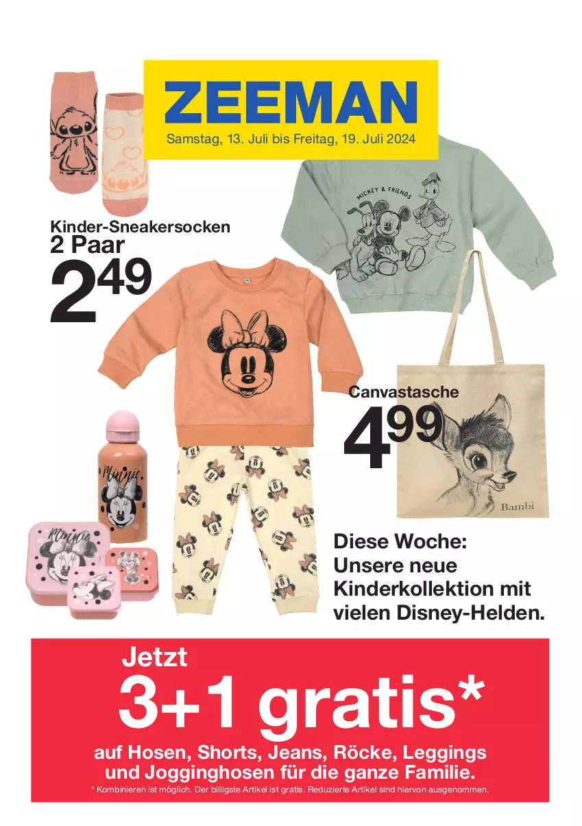 Aktueller Prospekt Zeeman - Prospekte - von 13.07 bis 19.07.2024 - strona 1 - produkty: disney, gin, hose, hosen, jeans, Jogginghose, Jogginghosen, Kinder, leggings, Röcke, shorts, sneaker, sneakersocken, socken, Tasche, Ti