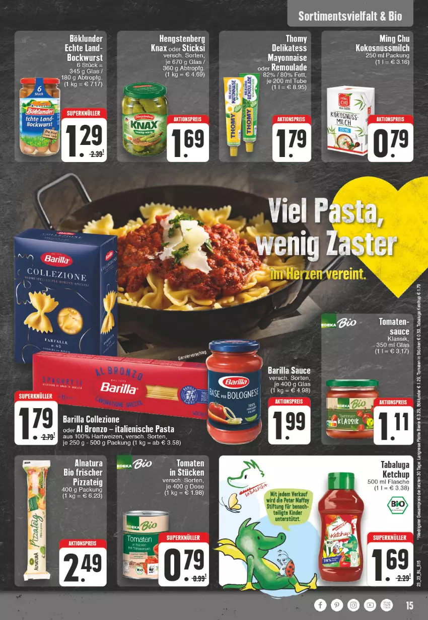 Aktueller Prospekt Edeka - Angebote der Woche - von 05.06 bis 10.06.2023 - strona 15 - produkty: aeg, aktionspreis, barilla, bio, böklunder, eis, hartweizen, ketchup, kokos, kokosnuss, Kokosnussmilch, milch, natur, natura, nuss, pasta, reis, remoulade, sauce, tee, thomy, Ti, tomate, tomaten, wein, ZTE