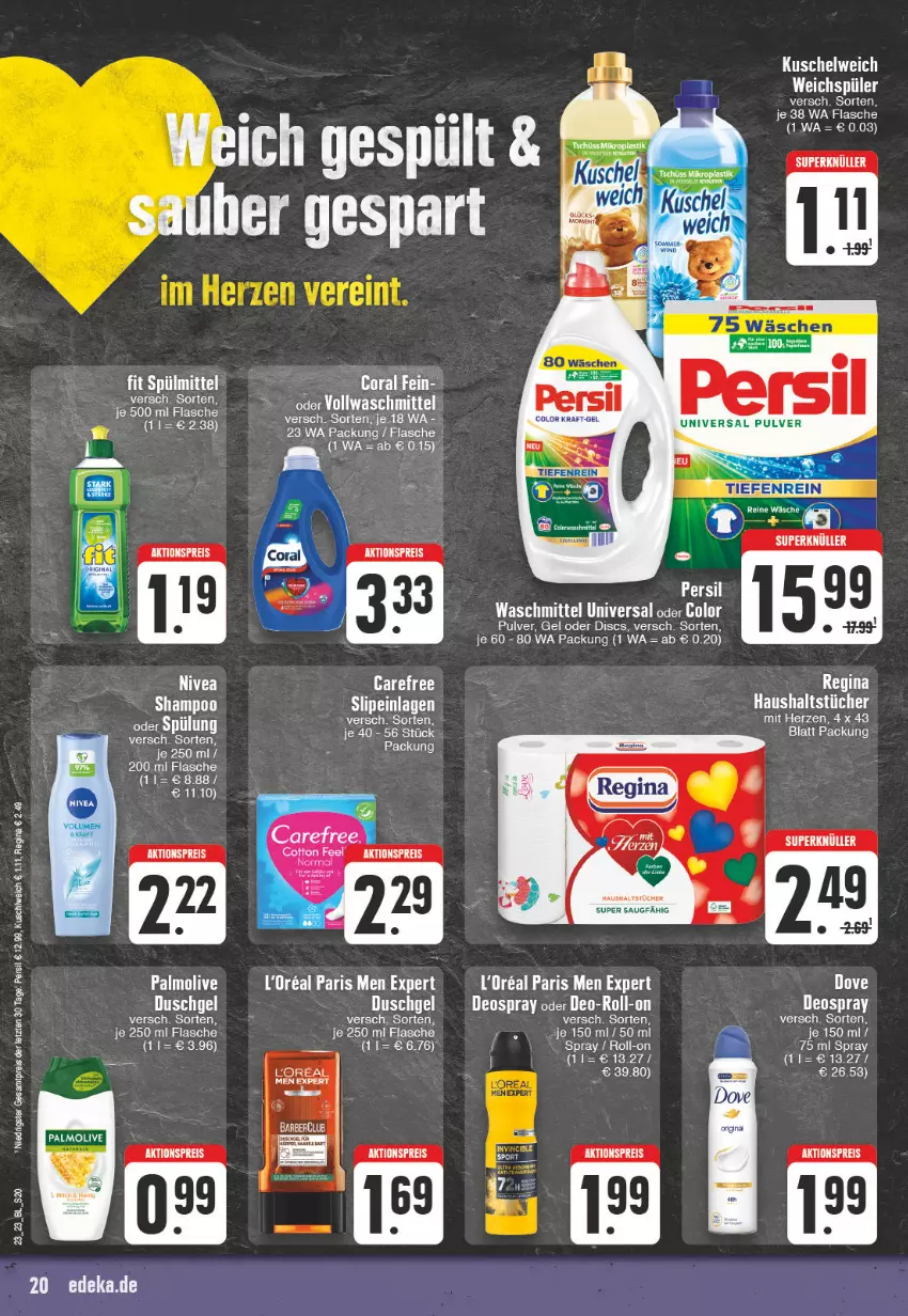 Aktueller Prospekt Edeka - Angebote der Woche - von 05.06 bis 10.06.2023 - strona 20 - produkty: aktionspreis, asti, carefree, Coral, deo, deospray, dove, duschgel, eis, flasche, gin, haushaltstücher, Kuschelweich, loreal, nivea, olive, palmolive, persil, reis, roll-on, shampoo, slip, slipeinlagen, spülung, tee, Ti, tücher, vollwaschmittel, waschmittel, Yo, ZTE