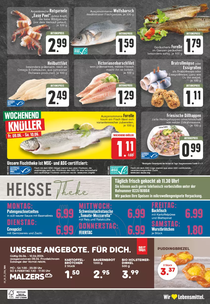 Aktueller Prospekt Edeka - Angebote der Woche - von 05.06 bis 10.06.2023 - strona 24 - produkty: aktionspreis, angebot, angebote, aqua, auer, backfisch, basmati, Bau, Bauer, bio, blattspinat, brot, brötchen, eier, eis, elle, ente, essig, filet, fisch, fische, Fischer, fleisch, forelle, Heilbuttfilet, hering, Herings, Heringshappen, holsteiner, kartoffel, Kartoffelpüree, lachs, lebensmittel, mac, mit gemüse, nuss, omega, Omega-3, püree, reis, rel, Ria, ring, saft, sauce, Schere, schwein, schweine, Schweinelachs, spinat, steiner, Tasche, tee, telefon, Ti, uhr, wein, weine, Wild, wolfsbarsch, wurst, zaziki