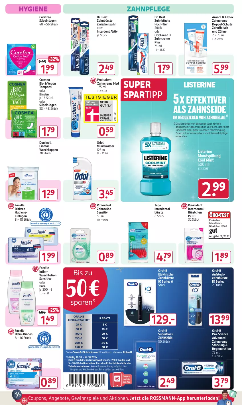 Aktueller Prospekt Rossmann - Prospekte - von 29.07 bis 01.09.2024 - strona 10 - produkty: angebot, angebote, auer, binden, bio, bürste, carefree, Cien, cosmea, coupon, coupons, creme, Dr. Best, duni, Duniwell, Einmal Waschlappen, eis, elektrische zahnbürste, elle, elmex, Engel, erde, Facelle, fleisch, gewinnspiel, listerine, Lotion, mint, mundspülung, mundwasser, Odol, Odol-med 3, oral-b, Prokudent, Reinigung, slip, slipeinlagen, spartipp, Spiele, spülung, Tampon, tampons, Ti, Ultra-Binden, waschlappen, Waschlotion, wasser, zahnbürste, zahncreme, Zahnseide