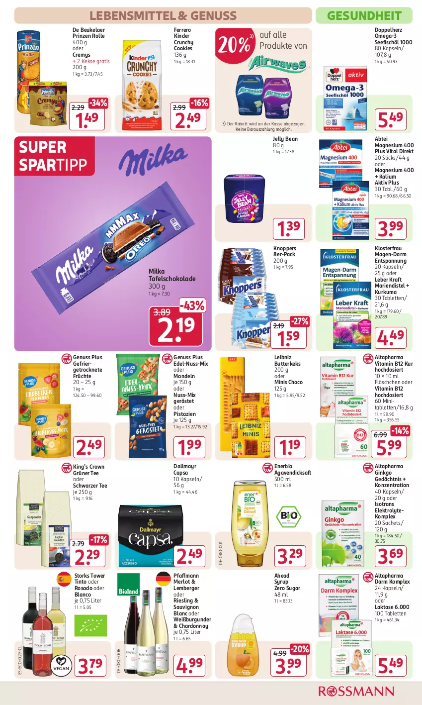 Aktueller Prospekt Rossmann - Prospekte - von 29.07 bis 01.09.2024 - strona 11 - produkty: Abtei, agaven, Altapharma, Berger, bio, burgunder, butter, butterkeks, Cap, chardonnay, cookie, cookies, cremys, dallmayr, dallmayr capsa, de beukelaer, dicksaft, doppelherz, Elektro, ferrero, fisch, früchte, Gesundheit, gin, grüner tee, keks, kekse, Kinder, knoppers, kraft, lebensmittel, leibniz, magnesium, magnesium 400, mandel, mandeln, merl, merlot, milka, nuss, omega, Omega-3, pistazien, prinzen rolle, riesling, sac, saft, sauvignon, sauvignon blanc, schoko, schokolade, schwarzer tee, spartipp, tablet, tablett, Tablette, tafelschokolade, tee, Ti, vita, Vitamin B, Weißburgunder