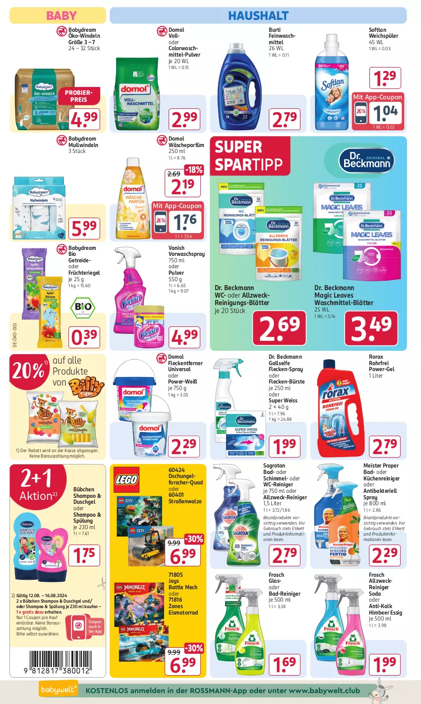 Aktueller Prospekt Rossmann - Prospekte - von 29.07 bis 01.09.2024 - strona 12 - produkty: allzweckreiniger, babydream, Bad, Bad-Reiniger, bier, bio, biozidprodukte, bübchen, bürste, burti, colorwaschmittel, coupon, deo, Domol, Dr. Beckmann, duschgel, eis, essig, feinwaschmittel, fleckentferner, Frosch, früchte, himbeer, küche, Küchen, Meister, meister proper, Mullwindel, power-gel, quad, Rauch, reiniger, Reinigung, reis, riegel, rorax, rwe, sagrotan, Seife, shampoo, Soda, Softlan, spartipp, spülung, Ti, vanish, wäscheparfüm, waschmittel, wc-reiniger, weck, weichspüler, windeln