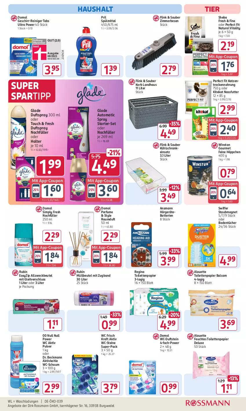 Aktueller Prospekt Rossmann - Prospekte - von 29.07 bis 01.09.2024 - strona 13 - produkty: Allzweckbeutel, alouette, angebot, angebote, auto, balsam, batterie, batterien, beutel, Bodentücher, coupon, Domol, Dr. Beckmann, Duftspray, feuchtes toilettenpapier, geschirr, gin, Glade, kitekat, korb, kraft, kühlschrank, müllbeutel, nassfutter, natur, natura, papier, Perfect Fit, pril, Raumduft, reiniger, Rubin, Schrank, sheba, sim, spartipp, spülmittel, staubmagnet, swiffer, Ti, toilettenpapier, Trockennahrung, tücher, vita, vitality, wc frisch, WC Frisch Kraft Aktiv, WC-Steine, weck, wedel