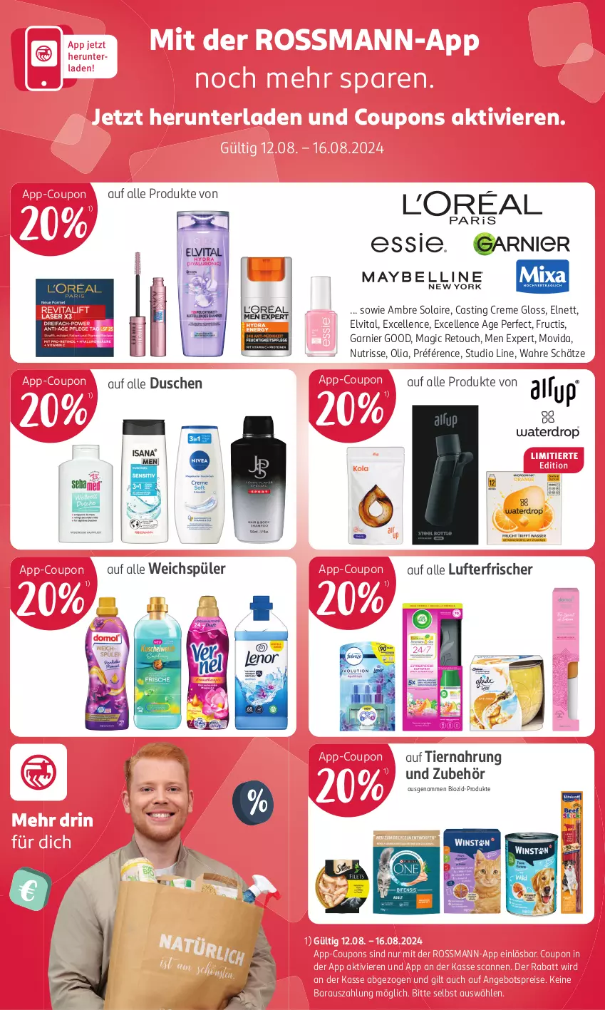 Aktueller Prospekt Rossmann - Prospekte - von 29.07 bis 01.09.2024 - strona 14 - produkty: Ambre Solaire, angebot, angebotspreis, asti, bio, coupon, coupons, creme, dusche, eis, elle, elnett, elvital, fructis, garnier, lufterfrischer, Nutrisse, reis, Ti, tiernahrung, vita, Wahre Schätze, weichspüler