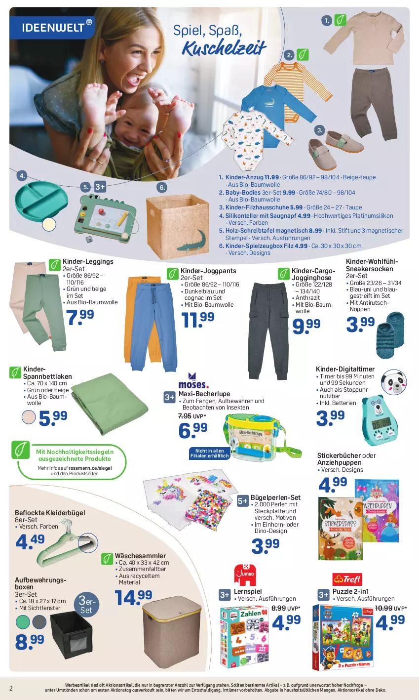 Aktueller Prospekt Rossmann - Prospekte - von 29.07 bis 01.09.2024 - strona 2 - produkty: Anzug, aufbewahrungsbox, batterie, batterien, Bau, baumwolle, Becher, bett, bio, bio-baumwolle, bügel, Cognac, elle, fenster, gin, Hausschuhe, Holz, hose, HP, Jogginghose, Kinder, kleid, kleider, kleiderbügel, latte, leggings, Lernspiel, mit bio-baumwolle, Pants, perlen, Puppe, Puzzle, Ria, schuhe, sekt, sneaker, sneakersocken, socken, spannbettlaken, spielzeug, teller, Ti, timer, tisch, uhr, wolle, ZTE