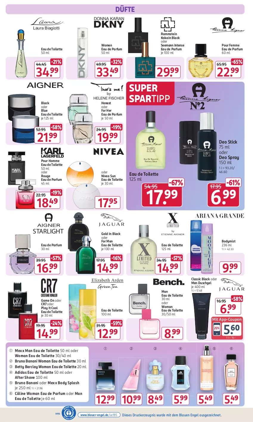 Aktueller Prospekt Rossmann - Prospekte - von 29.07 bis 01.09.2024 - strona 6 - produkty: Adidas, after shave, auer, bett, body, bruno banani, coupon, deo, deo spray, drucker, duschgel, Eau de parfum, eau de parfum 30 ml, eau de parfum 50 ml, eau de toilette, eau de toilette 100 ml, eau de toilette 30 ml, eau de toilette 50 ml, Engel, kerze, lack, laura biagiotti, Mexx, nivea, nivea sun, parfum, rouge, spartipp, starlight, Ti