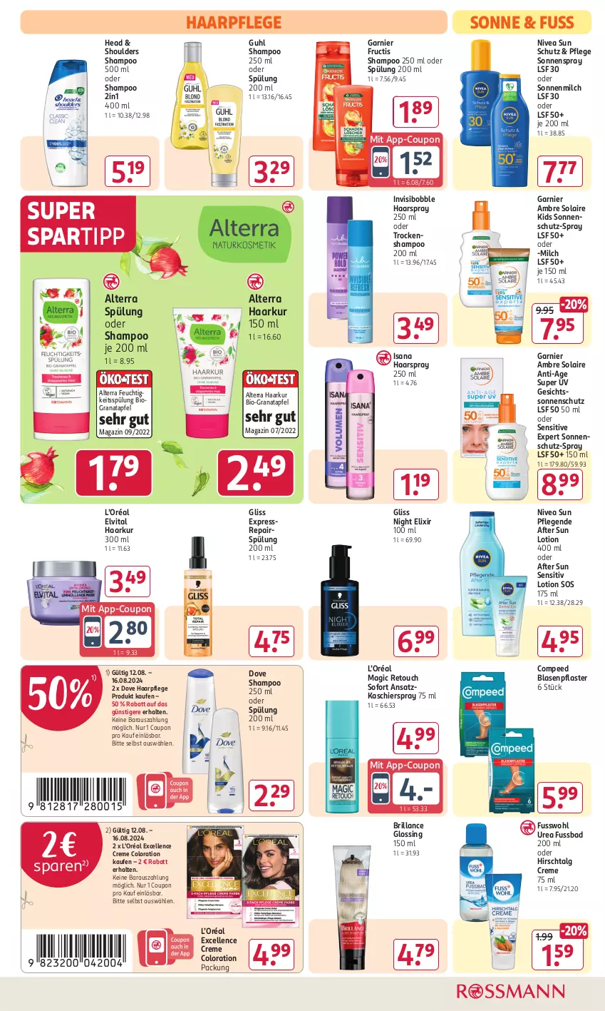 Aktueller Prospekt Rossmann - Prospekte - von 29.07 bis 01.09.2024 - strona 7 - produkty: after sun, alterra, Ambre Solaire, apfel, Bad, bio, Blasenpflaster, brillance, Compeed, coupon, creme, dove, elle, elvital, fructis, Fusswohl, garnier, gliss, grana, granatapfel, Guhl, haarpflege, haarspray, isana, LG, Lotion, magazin, milch, nivea, nivea sun, pflaster, Rana, sana, shampoo, shampoo 250 ml, sonnenmilch, sonnenschutz, sonnenspray, spartipp, spülung, spülung 200 ml, Sun Lotion, Ti, Trockenshampoo, vita