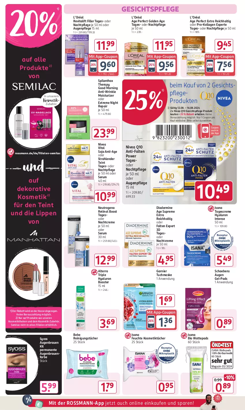 Aktueller Prospekt Rossmann - Prospekte - von 29.07 bis 01.09.2024 - strona 8 - produkty: alterra, Augenpflege, Bau, baumwolle, Bebe, bio, bio-baumwolle, coupon, creme, Diadermine, ente, garnier, gesichtspflege, hyaluron, isana, Kollagen, kosmetik, Kosmetiktücher, magazin, Maske, nachtcreme, nachtpflege, neutrogena, nivea, Q10, Reinigung, reinigungstücher, Revital, revitalift, rum, sana, Schaebens, Serum, soja, syoss, tagescreme, Ti, tuc, tücher, tuchmaske, vita, wattepads, wolle, Yo