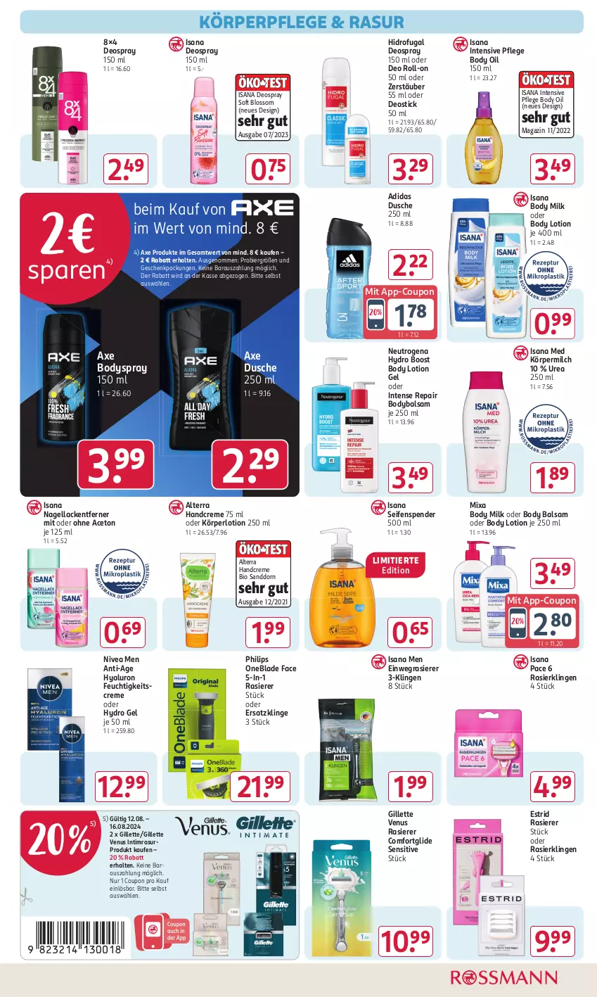 Aktueller Prospekt Rossmann - Prospekte - von 29.07 bis 01.09.2024 - strona 9 - produkty: aceto, Adidas, alterra, axe, balsam, bier, bio, body, body lotion, body milk, bodyspray, coupon, creme, deo, deo roll-on, deospray, deospray 150 ml, Deostick, dusche, einwegrasierer, feuchtigkeitscreme, geschenkpackung, gillette, gillette venus, handcreme, hyaluron, isana, Körperlotion, körperpflege, lack, Lacke, Lotion, magazin, milch, Mixa, Nagellack, Nagellackentferner, neutrogena, nivea, Nivea Men, oder deo roll-on, Philips, rasierer, Rasierklinge, rasierklingen, roll-on, sana, sanddorn, Seife, seifenspender, Ti, venus