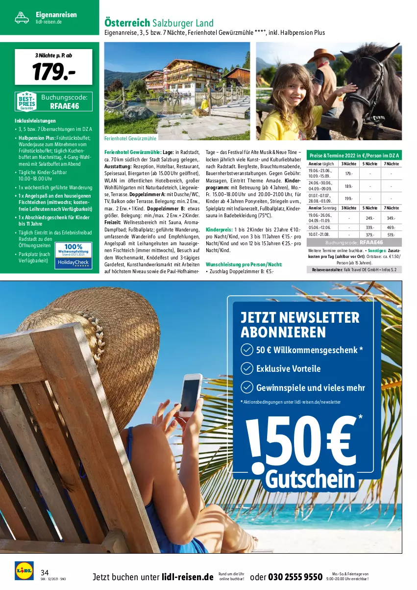 Aktueller Prospekt Lidl - Reise-Themenflyer - von 15.12.2021 bis 31.01.2022 - strona 34 - produkty: auer, axe, Bad, ball, Bau, Bauer, bestpreis, bier, buch, burger, dusche, eier, eis, fisch, Fußball, Garten, gewinnspiel, gewürz, Gewürzmühle, inklusivleistungen, Kinder, kleid, Kleidung, Knödel, kuchen, LG, Liege, natur, nivea, Rauch, reis, reiseveranstalter, rezept, riegel, saft, salat, salz, Spiele, Ti, uhr, wellnessbereich, Zelt