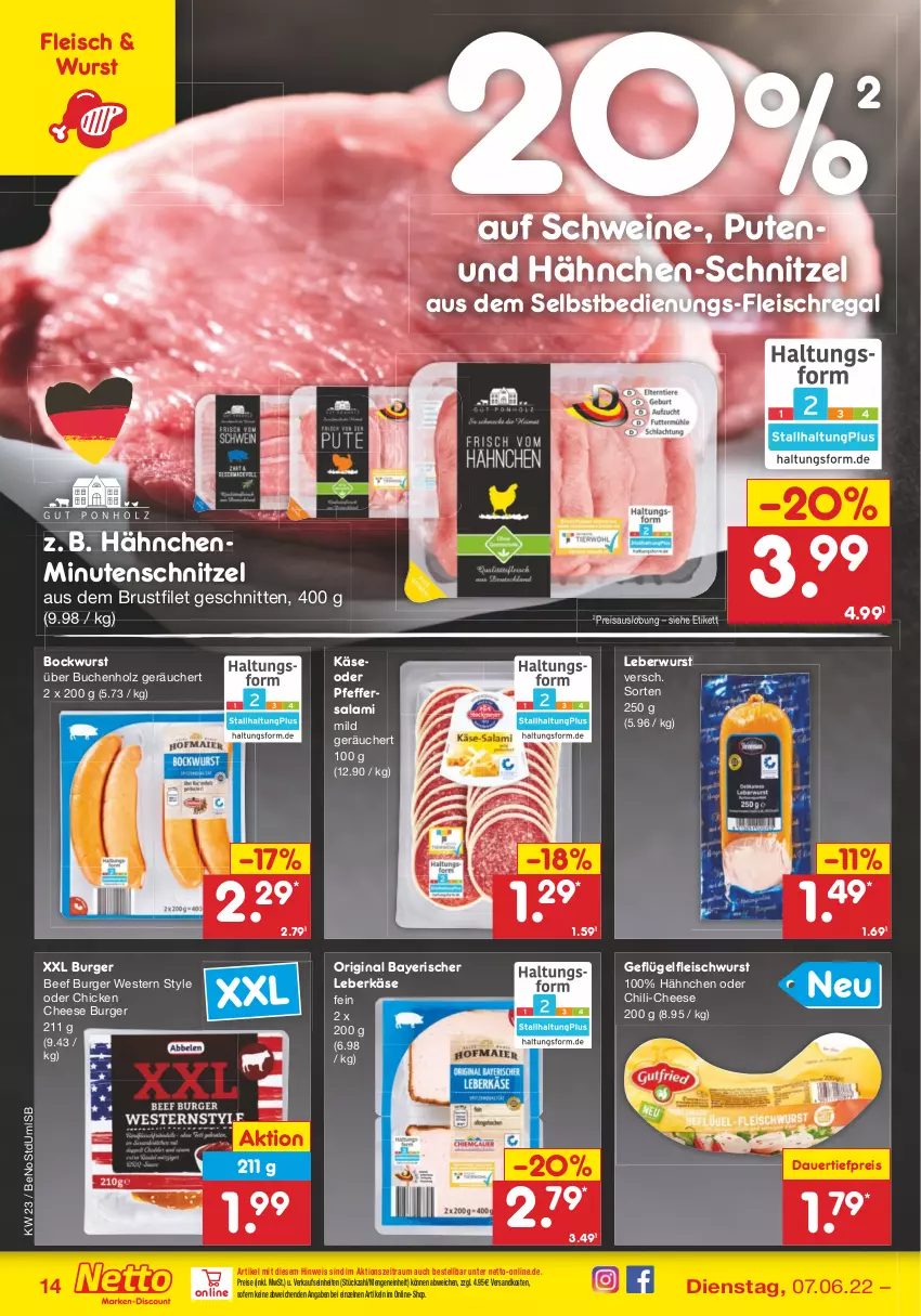 Aktueller Prospekt Netto Marken-Discount - Filial-Angebote - von 07.06 bis 11.06.2022 - strona 14 - produkty: auer, beef, bockwurst, brustfilet, buch, burger, chili, dauertiefpreis, eis, filet, fleisch, fleischwurst, Geflügel, gin, Holz, Käse, leberkäs, leberkäse, leberwurst, minutenschnitzel, ndk, pfeffer, pute, regal, reis, salami, schnitten, schnitzel, schwein, schweine, Ti, tiefpreis, wein, weine, Weste, wurst