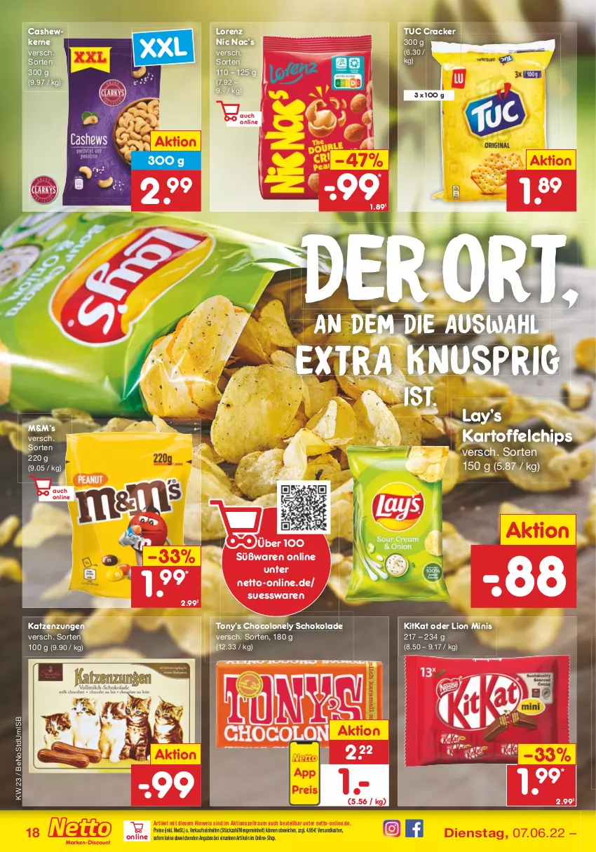 Aktueller Prospekt Netto Marken-Discount - Filial-Angebote - von 07.06 bis 11.06.2022 - strona 18 - produkty: Cashew, cashewkerne, chips, cracker, eis, kartoffel, kartoffelchips, kitkat, lion, lorenz, ndk, reis, schoko, schokolade, Ti, tuc