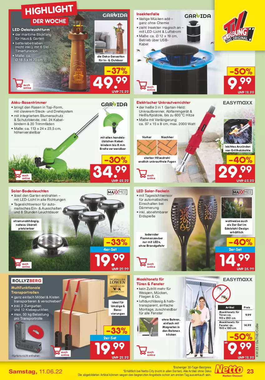 Aktueller Prospekt Netto Marken-Discount - Filial-Angebote - von 07.06 bis 11.06.2022 - strona 23 - produkty: akku, angebot, auer, auto, batterie, bestpreis, blume, blumen, Brei, edelstahl, eis, fenster, Garten, grill, grillholzkohle, Holz, holzkohle, Kraut, lamm, led-licht, leds, Leuchte, leuchten, Liege, möbel, moskitonetz, rasen, rasentrimmer, reis, ring, rwe, Schal, sekt, Sport, Ti, Tiere, timer, tisch, unkrautvernichter, usb, ZTE