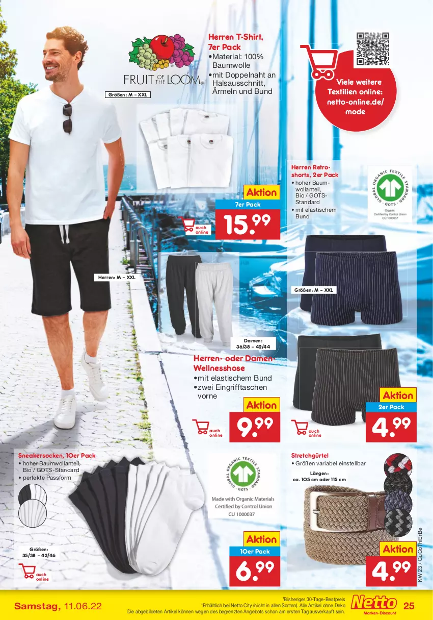 Aktueller Prospekt Netto Marken-Discount - Filial-Angebote - von 07.06 bis 11.06.2022 - strona 25 - produkty: angebot, asti, Bau, baumwolle, bestpreis, bio, eis, hose, Mode, reis, retroshorts, Ria, shirt, shorts, sneaker, sneakersocken, socken, T-Shirt, Tasche, taschen, Ti, tisch, wolle, ZTE