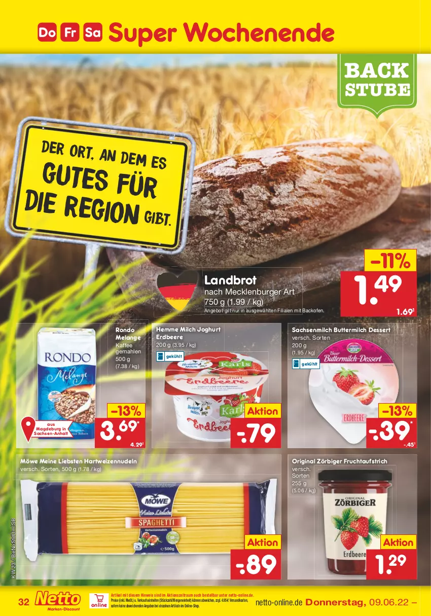 Aktueller Prospekt Netto Marken-Discount - Filial-Angebote - von 07.06 bis 11.06.2022 - strona 32 - produkty: angebot, aufstrich, backofen, beere, brot, burger, butter, buttermilch, dessert, eis, Elan, erdbeere, frucht, fruchtaufstrich, gin, hartweizen, joghur, joghurt, kaffee, milch, ndk, nudel, nudeln, Ofen, reis, sac, stube, Ti