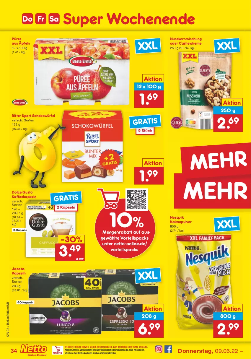 Aktueller Prospekt Netto Marken-Discount - Filial-Angebote - von 07.06 bis 11.06.2022 - strona 34 - produkty: Cashew, cashewkerne, dolce gusto, eis, jacobs, kaffee, kaffeekapseln, kakao, ndk, nesquik, nuss, püree, reis, ritter, ritter sport, schoko, schokowürfel, Sport, Ti, würfel